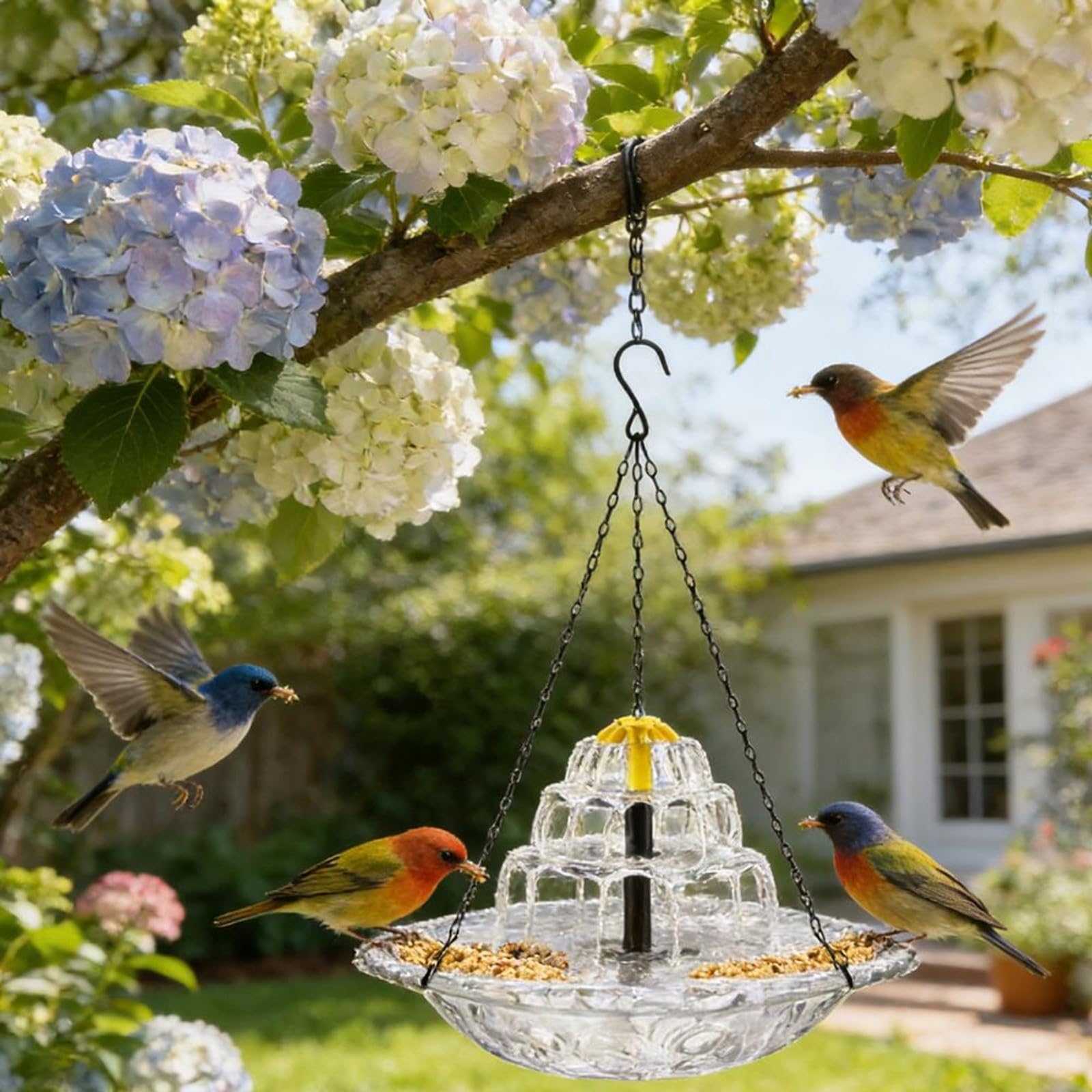 Vasca per uccelli a fontana solare da esterno con mangiatoia sospesa, vivace fontana da giardino, facile da installare (blu)