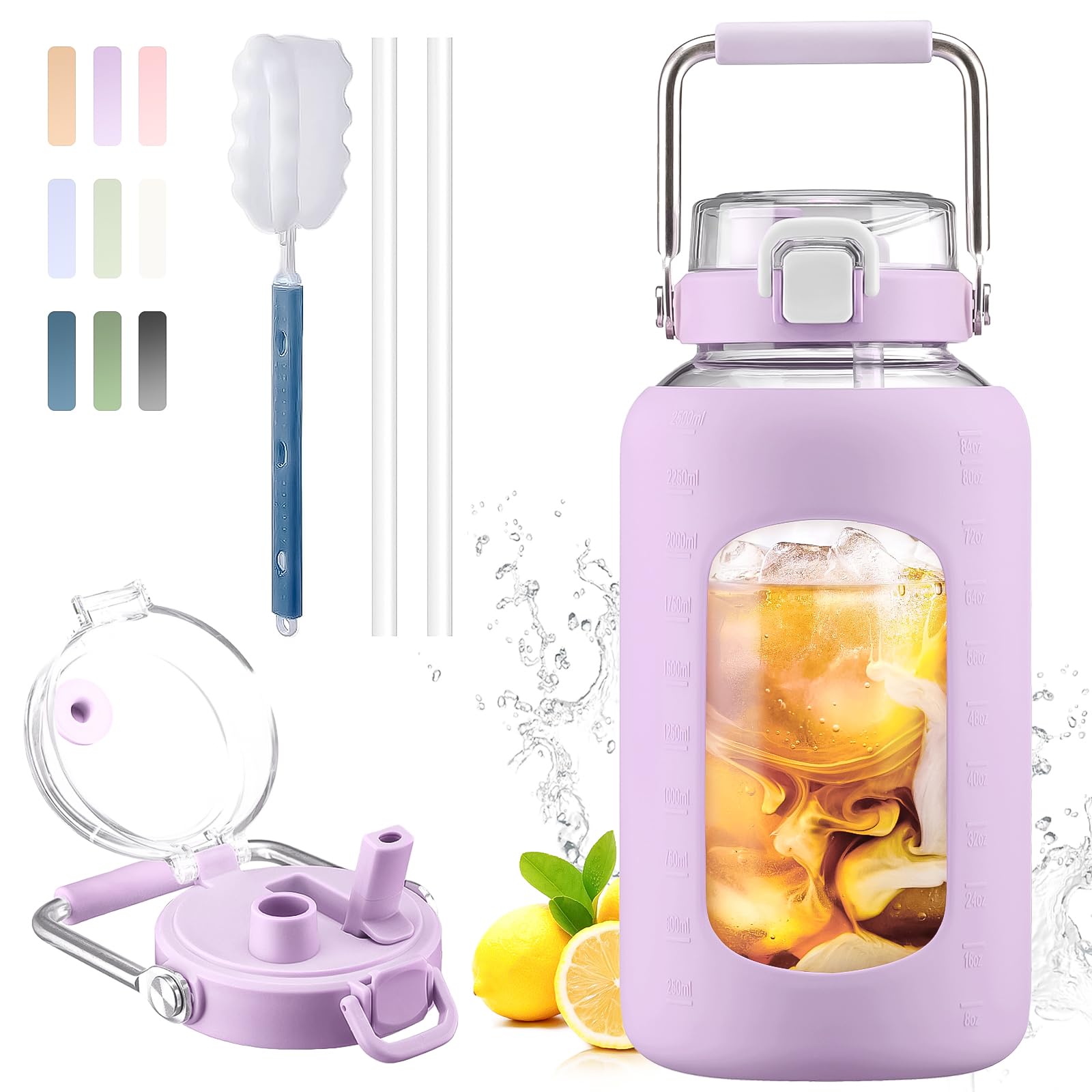 BLUEGO 84oz Water Bottle Glass with Stainless Steel Handle Large 2.5l Water Bottle with Time Markers and Silicone Sleeve Half Gallon Water Jug BPA