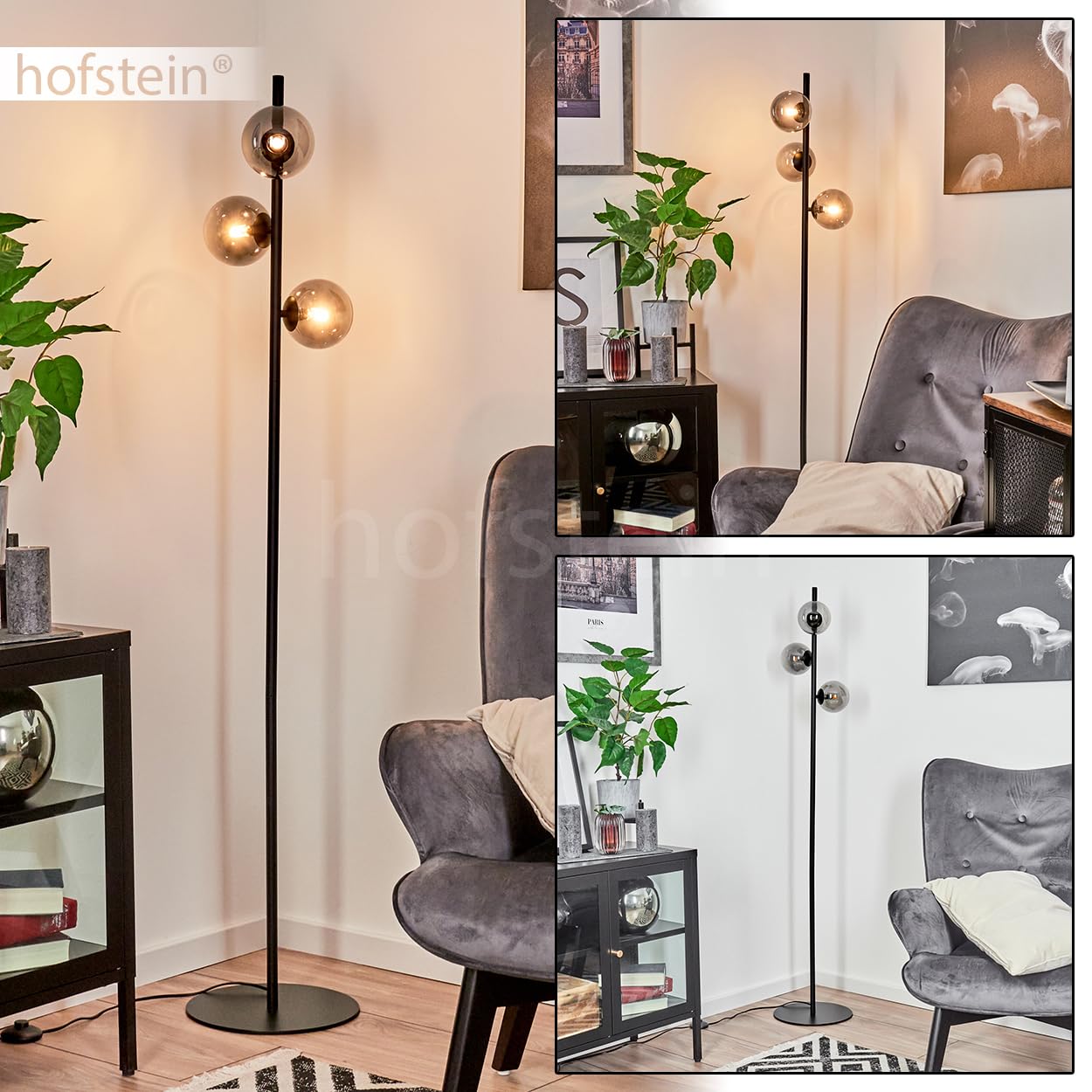 Stehleuchte Remaisnil, moderne Stehlampe aus Metall/Glas in Schwarz/Rauchglas, Standleuchte mit Schirmen aus Glas (Ø 12 cm), mit Fußschalter am Kabel, 3 x G9, ohne Leuchtmittel