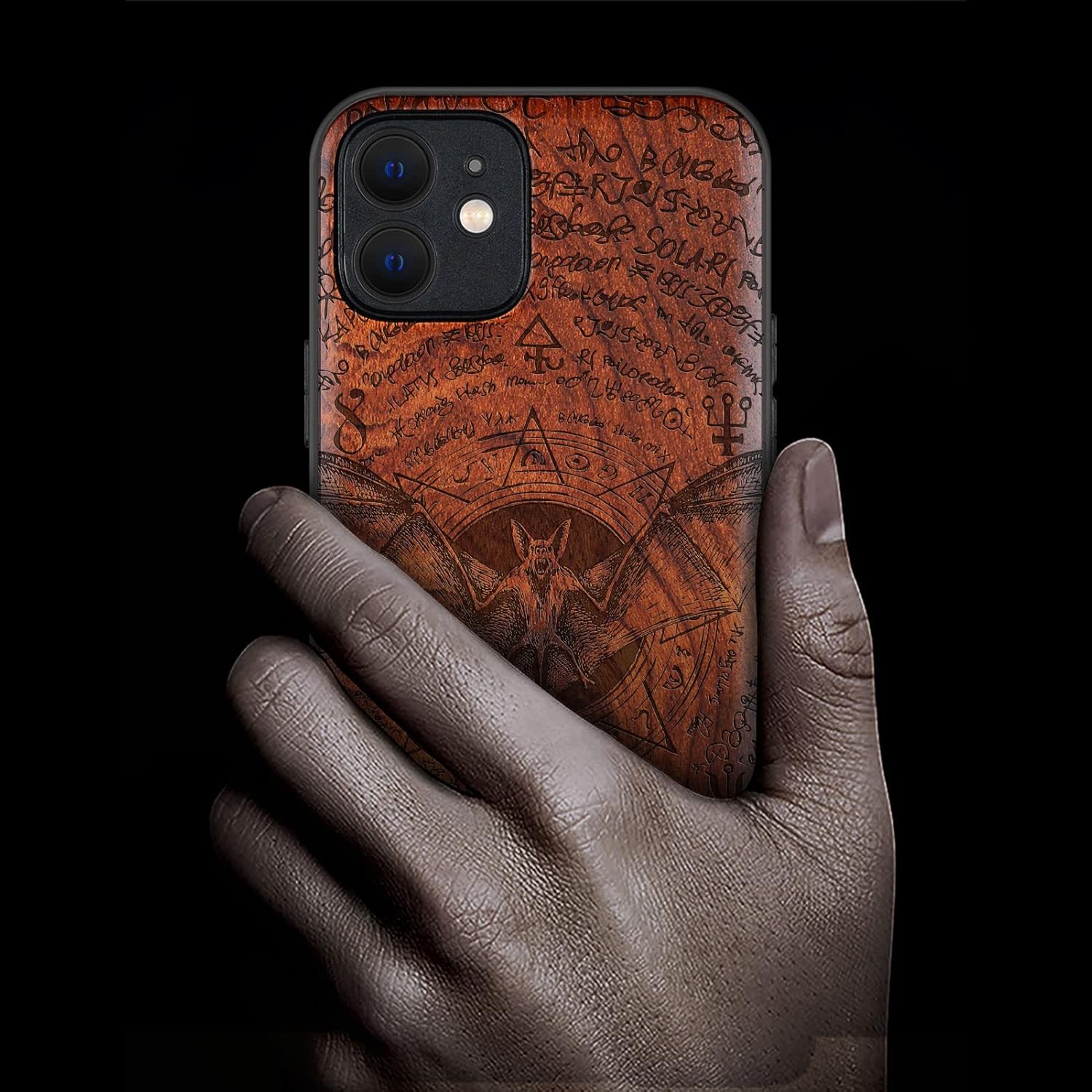 Carveit Magnetic Wood Case for iPhone 12 Case [Natural Wood & Black Soft TPU] Shockproof Protective Cover Wooden Case Compatible with MagSafe (The bat of Old Manuscript- Rosewood)