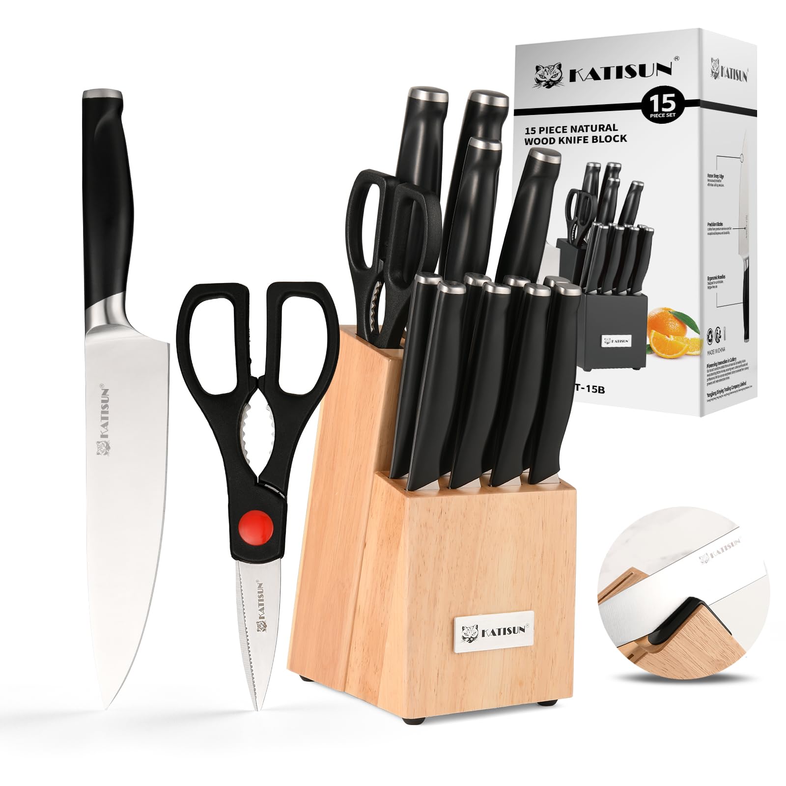 15-Piece German Steel Knife Block Set — Professional Kitchen Knives with Sharpener & Comfort-Grip Handles