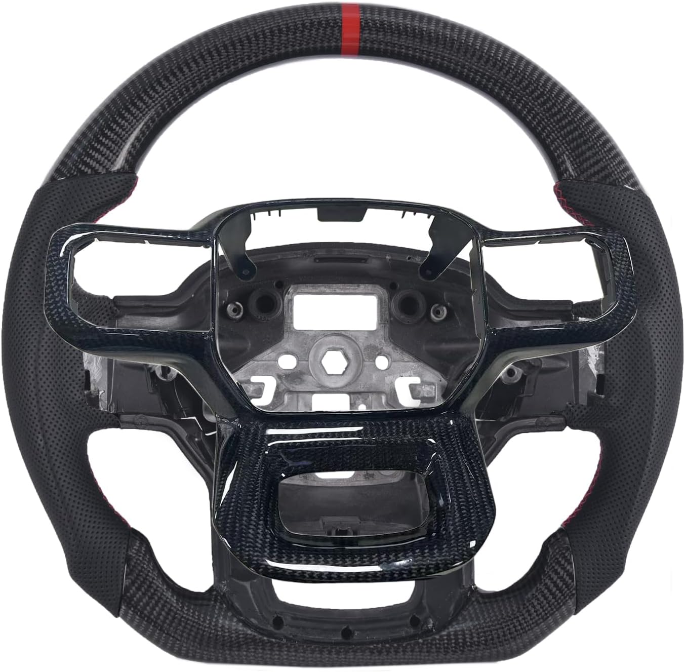Real Carbon Fiber Steering Wheel for Ford F150 2021-2023, D-shaped Flat-bottom Perforated Leather Grip Hand-Stitched for F150 Models without Paddle Shifters(with Trim)