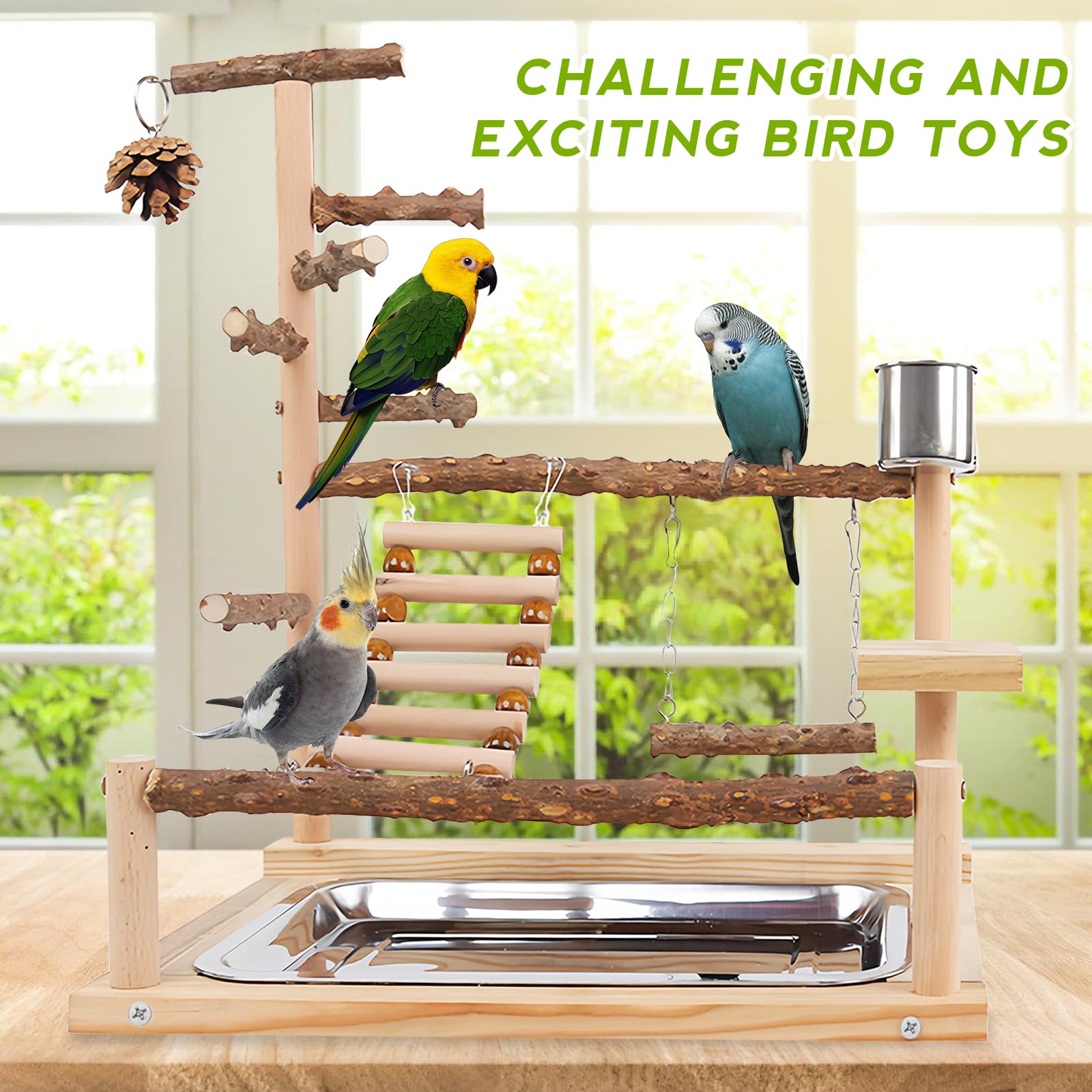 Parque De Juegos para Loros,Parque Infantil para Pájaros con Tazas Y Bandeja,Parque Infantil Grande para Pájaros,Parque Infantil De Cacatúas para Loros,Cacatúas Y Conos