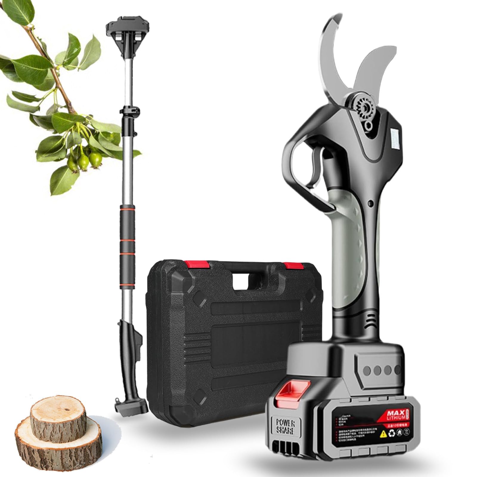 21V 4500mAh Bezprzewodowe Elektryczne Sekatory,Wysuwany Sekator do Przycinania Drzew,50mm/2 cale Cięcie Elektryczny Sekator Zasilany Akumulatorowo,z 2,1m Przedłużaczami,Wyświetlacz LCD,2 Battery
