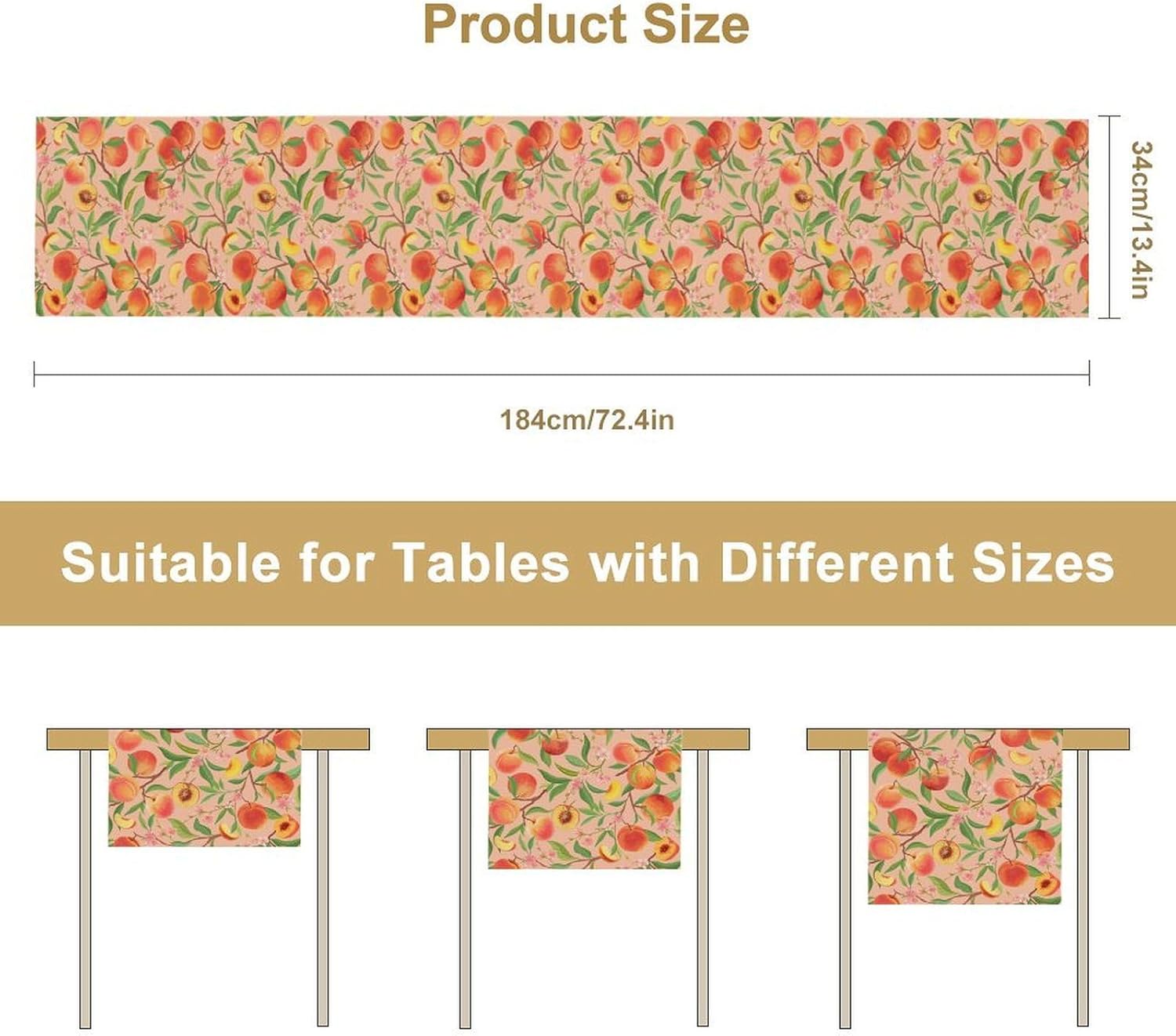 Peach Summer Table Runner Rosy Fruits Verdant Foliage with Blooming Flowers Fresh Home Decor for Farmhouse Indoor Outdoor Party Holiday Dining Kitchen Restaurant Cafe W13xL120in