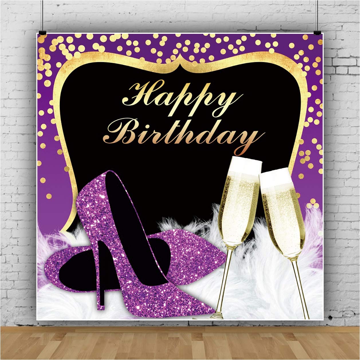 10x10ft Purple Glitter Birthday Backdrop - High Heel & Feather Design For Women's Party Photography