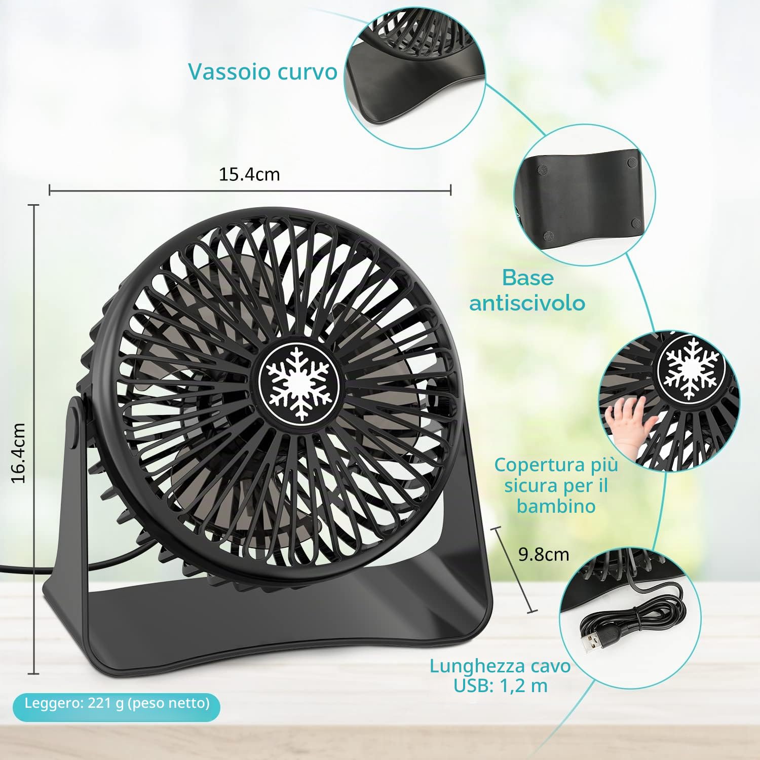 OUILA Ventilatore USB, Mini Ventilatore Portatile, 3 Velocità Regolabile & Ventilatore Silenzioso, Copertura Rimovibile Della Ventola, Alimentazione USB, Adatto per Desktop, Auto, Ufficio, Casa, Viagg