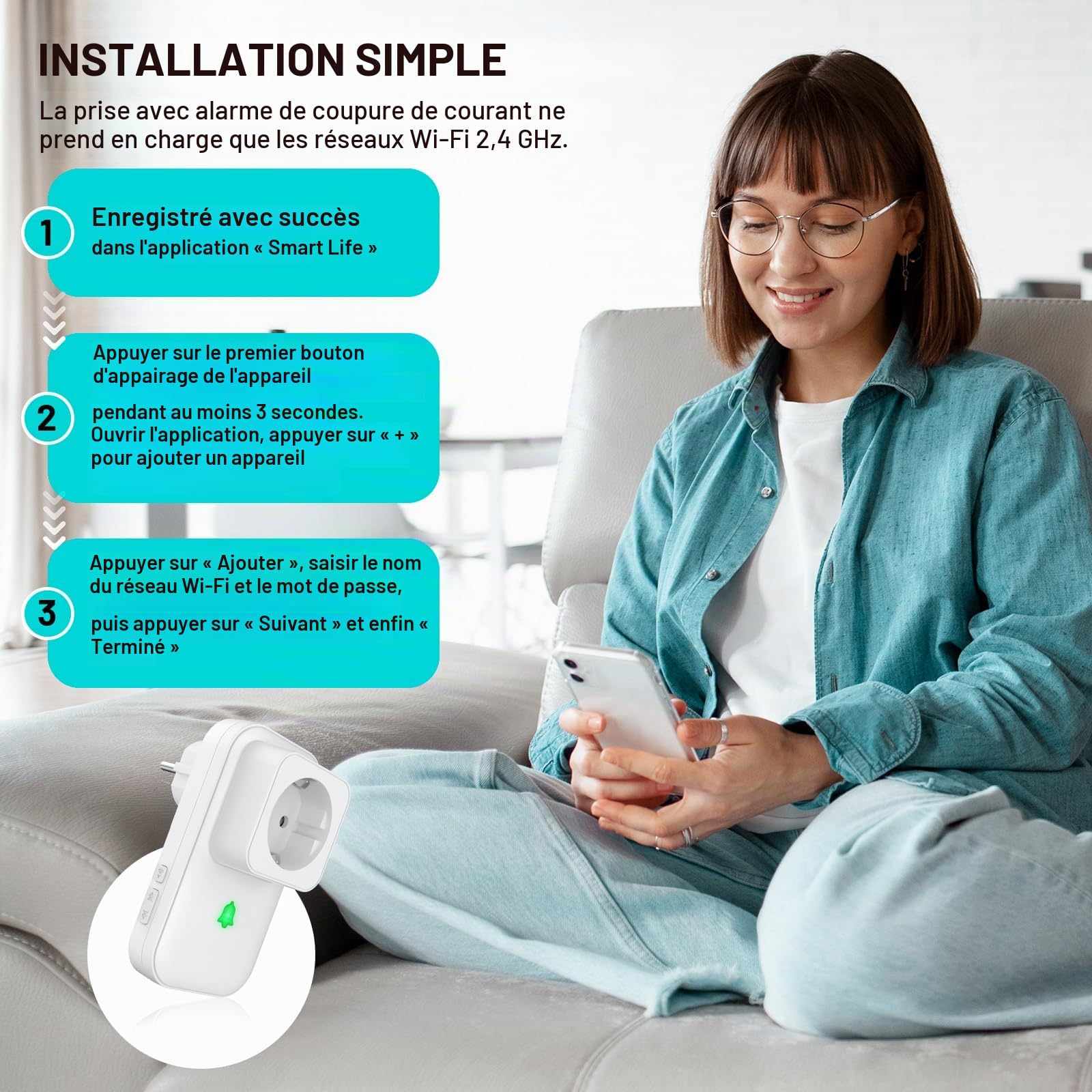 Détecteur de Coupure de Courant WiFi Tuya Smart Life | 110DB 3 Niveaux de Volume Alarme WLAN, Alerte en cas de panne de courant LED Indicateur