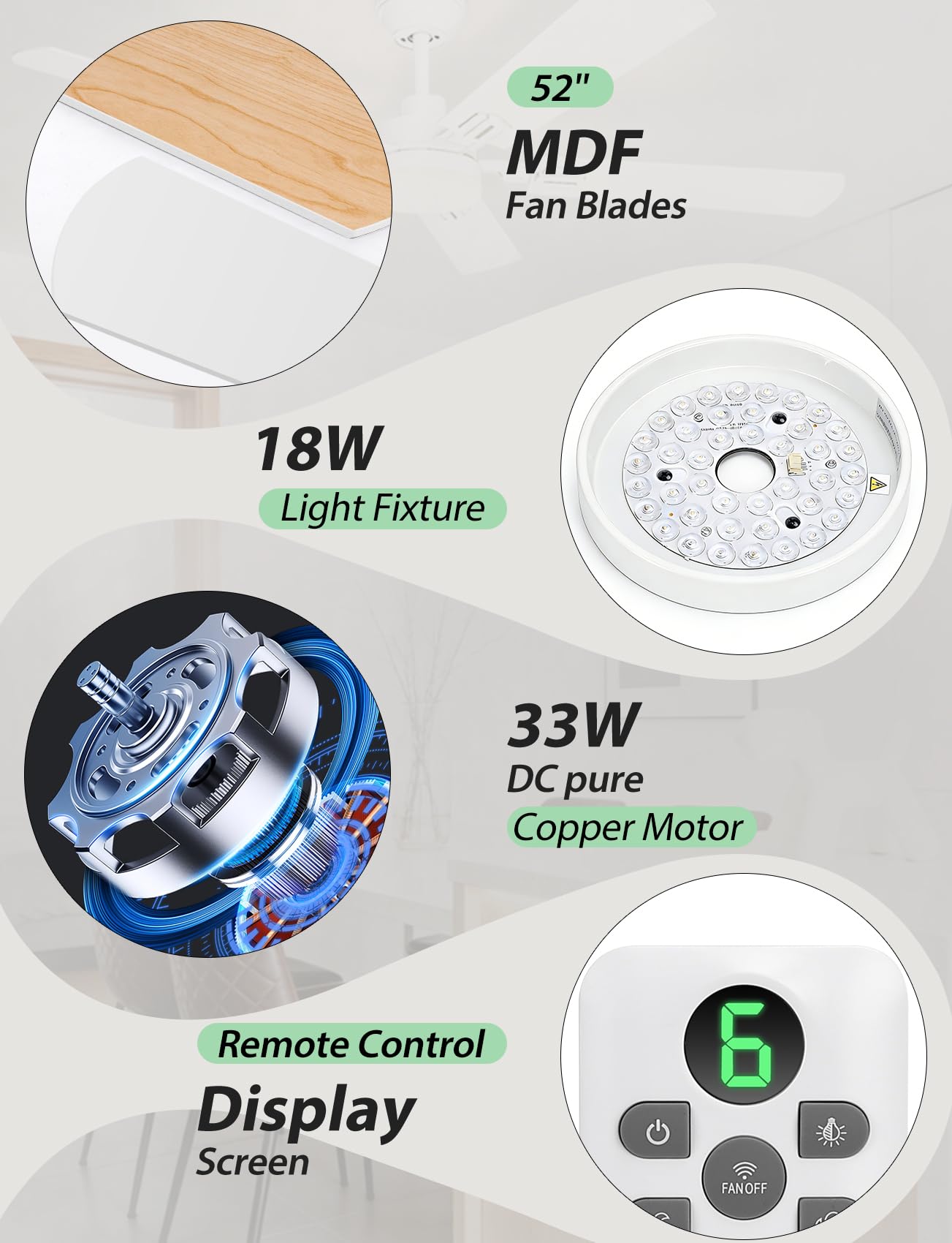 Aigostar Ventilador de Techo con Luz Silencioso 52″, Motor DC Reversible 33W, Mando a Distancia, 6 Velocidades, 3000K/4000K/6000K Regulable, Ideal para Dormitorio, Sala o Cocina. Ø132 cm