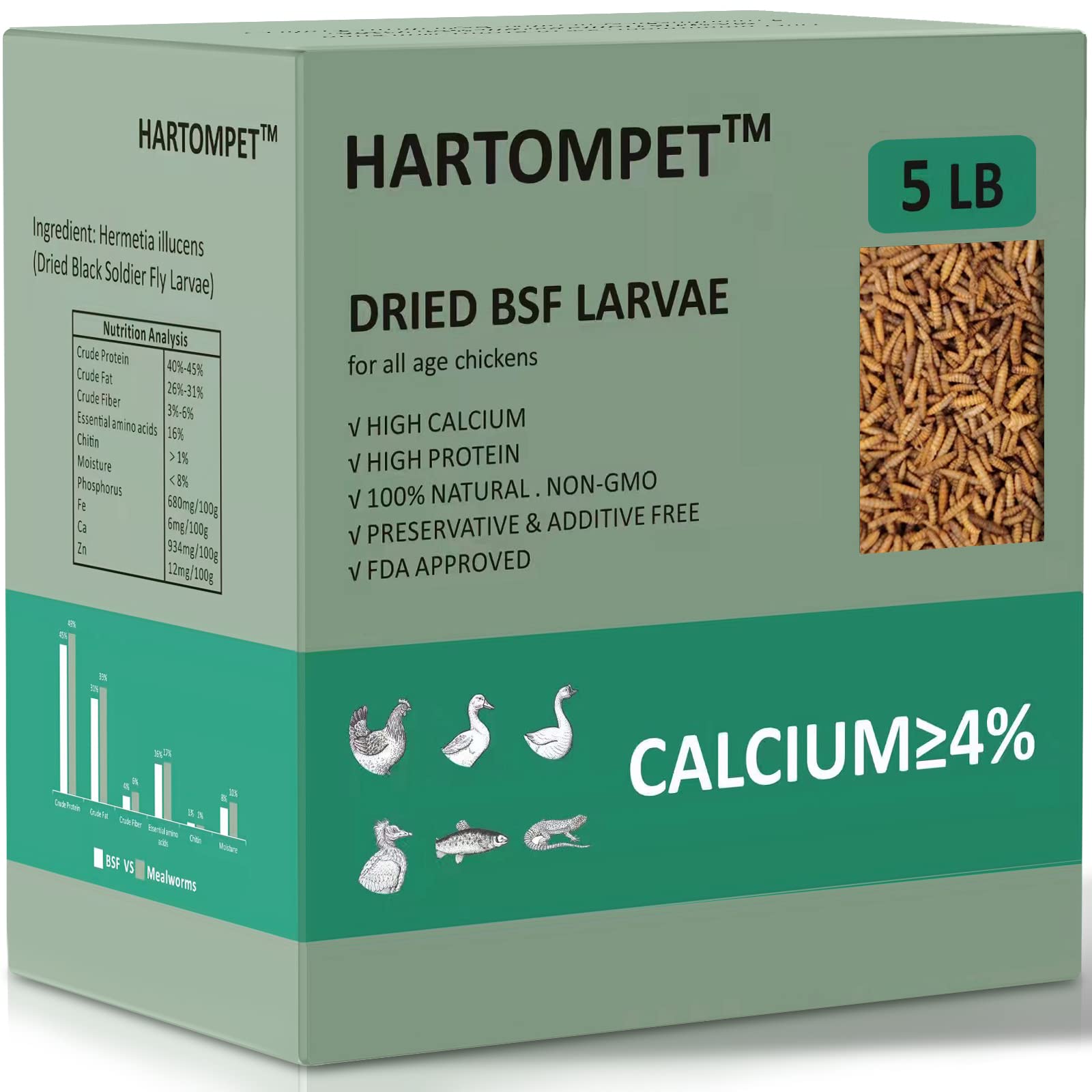 HARTOMPET Better Than Dried Mealworms for Chickens 5 lbs - 85X Calcium Than MealWorms - Non-GMO Chicken Feed Additive - Black Soldier Fly Larvae Treats for Hens, Ducks, Wild Birds