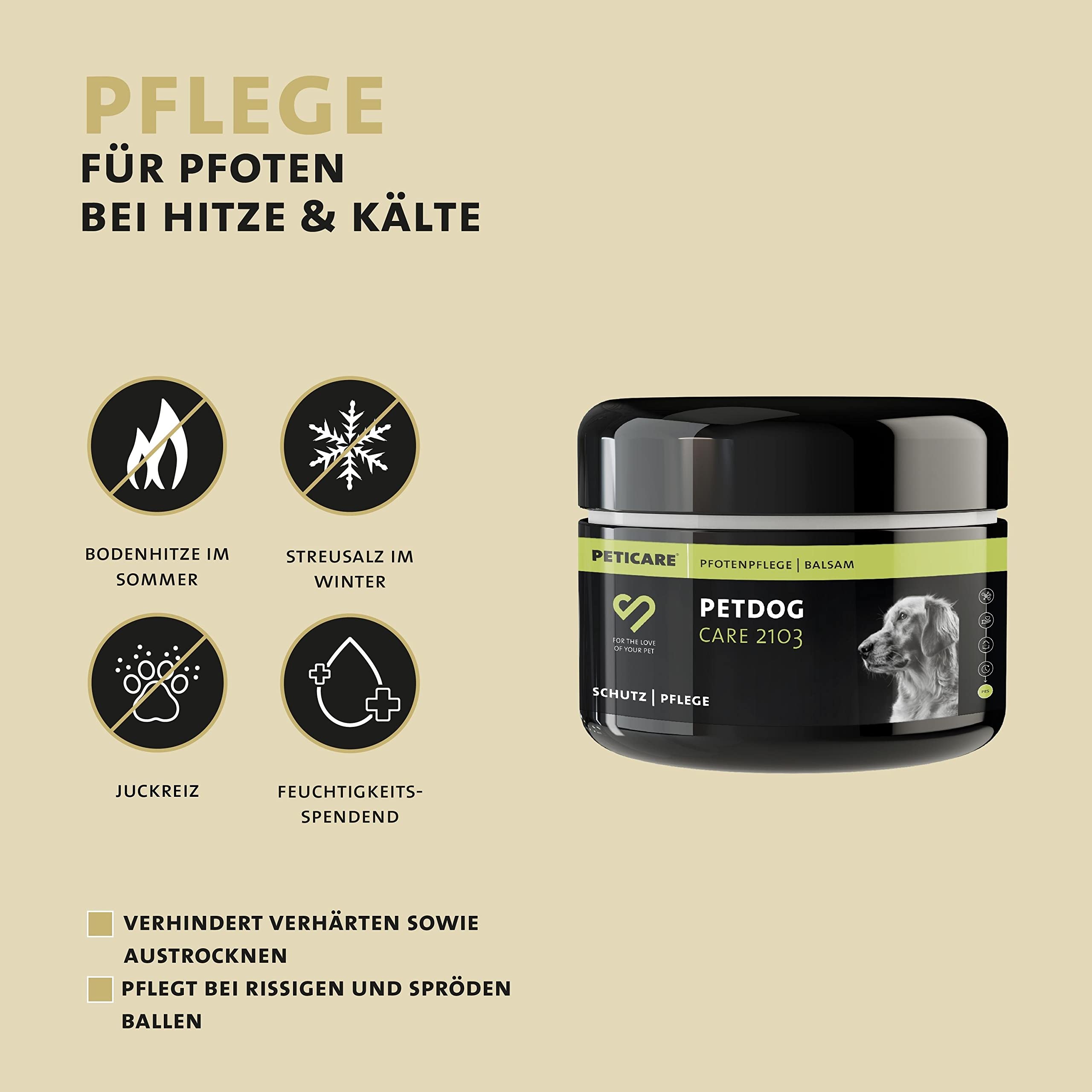 Peticare Natürlicher Pfoten-Balsam für Hunde | Pflegt & schützt rissige, verhärtete, trockene Pfoten | bei Boden-Hitze, Streusalz | einzigartiges PRS® System für Lange Wirkung – petDog Care 2103