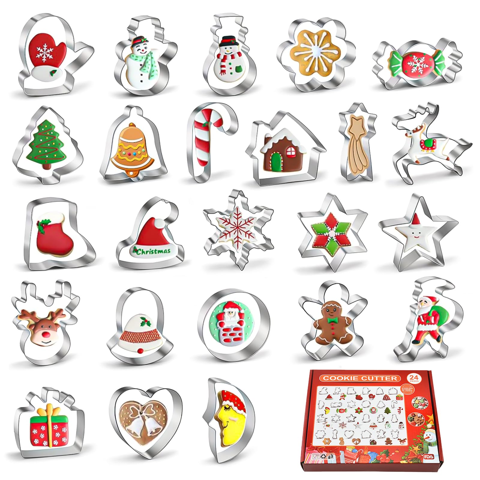 TAIKOUL Christmas Cookie Cutters Set of 24, Stainless Steel Xmas Cookie Cutters for Baking, Small Biscuits Cutters in Gingerbread Man Snowflake Christmas Tree Candy Cane Snowman and More Shapes