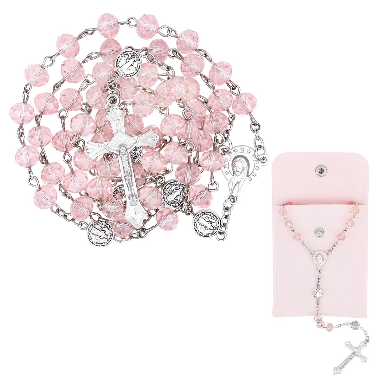 Rosary Beads for Women - Catholic Rosary Beads with Cross, Pink Crystal Rosary Necklace with Velvet Pouch, Religious Gifts for Women