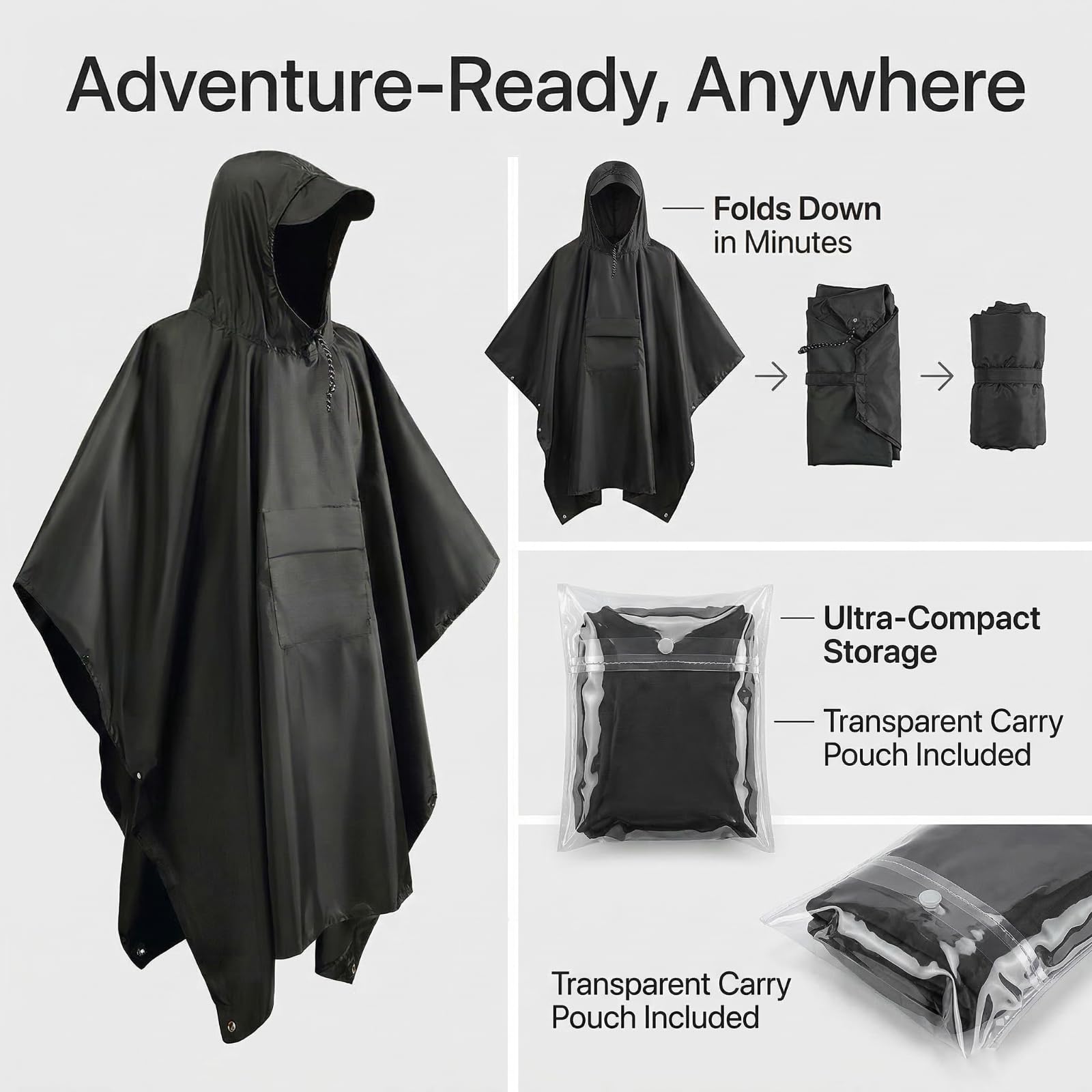 Oxford 210T Poncho de pluie imperméable pour homme Poncho de pluie pour festival, vélo et randonnée 3 en 1 imperméable à capuche pour camping
