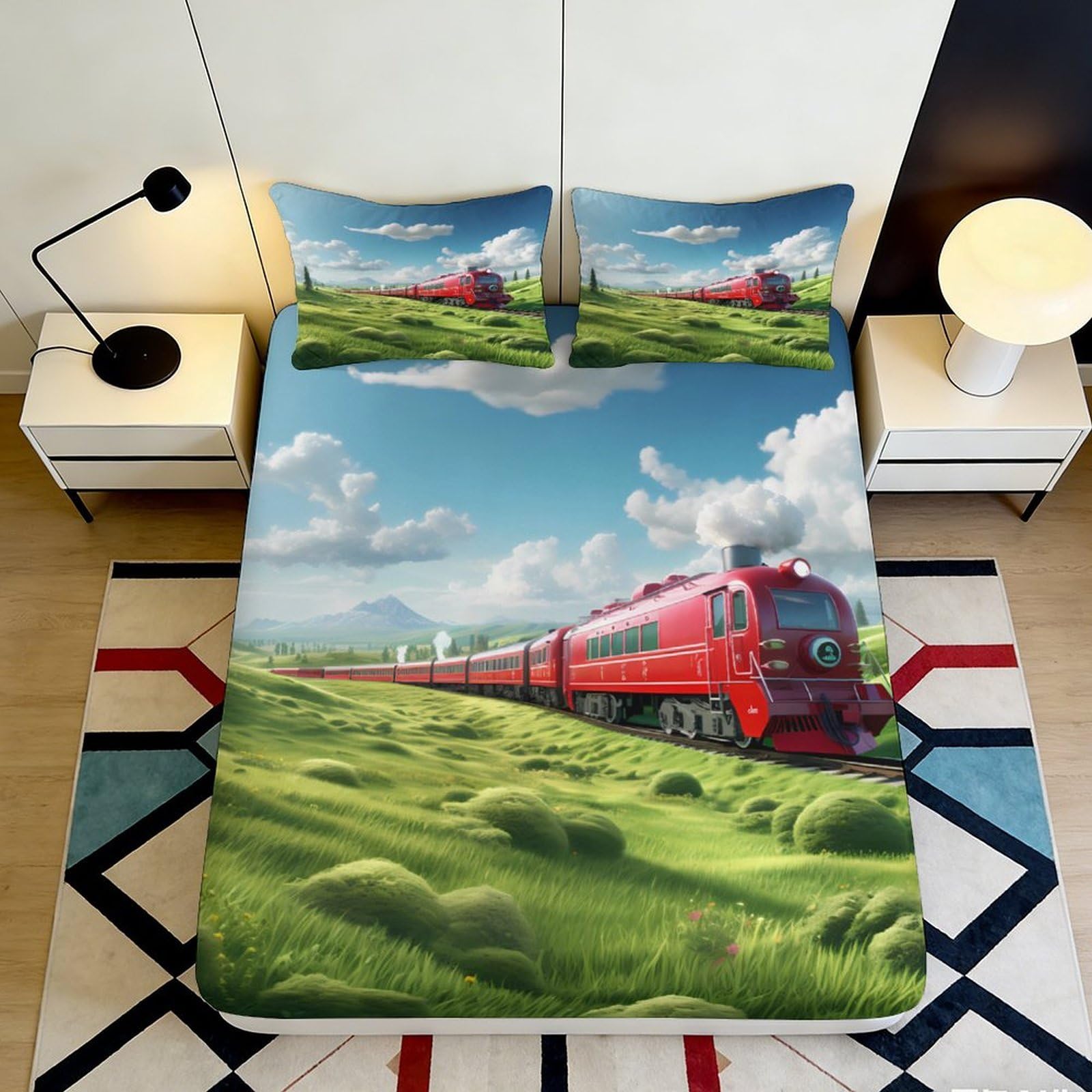 3D Printed Red Train Landscape Fitted Sheet Microfiber Soft Bed Cover Scenic Railway Decor for Bedroom Guest Room 90x200x25cm