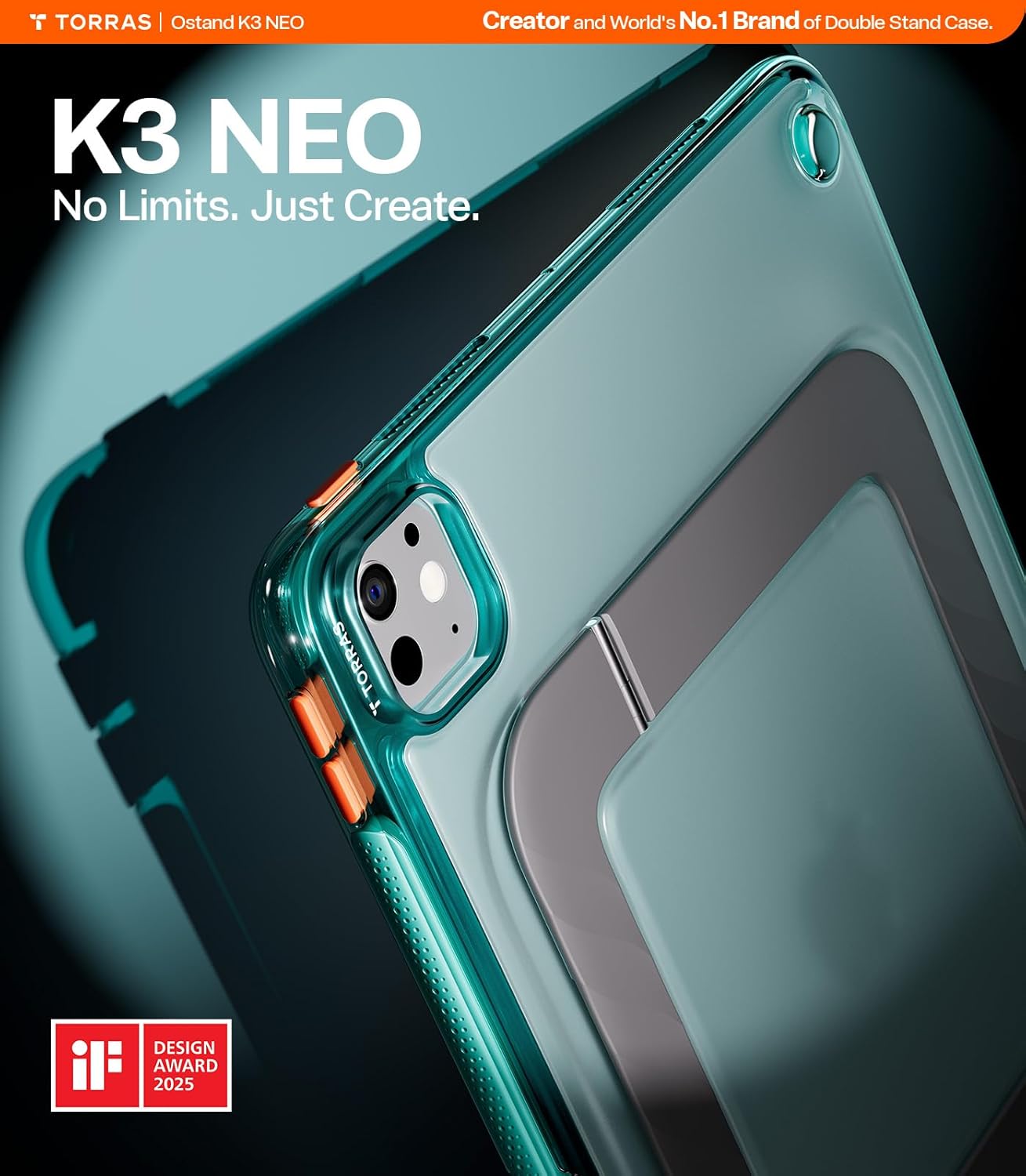 TORRAS Ostand K3 Neo for iPad Pro 11 Inch Case M5 (2025) / M4 (2024), Viewing Angles Adjustable,Ultra Stable Stand, Shockproof Protective Slim Kickstand Case with Pencil Holder, Glacier Sprint - Image 2