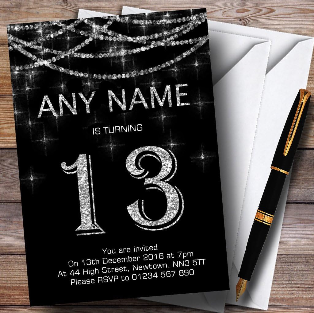 Black & Silver Sparkly Garland 13th Personalized Birthday Party Invitations