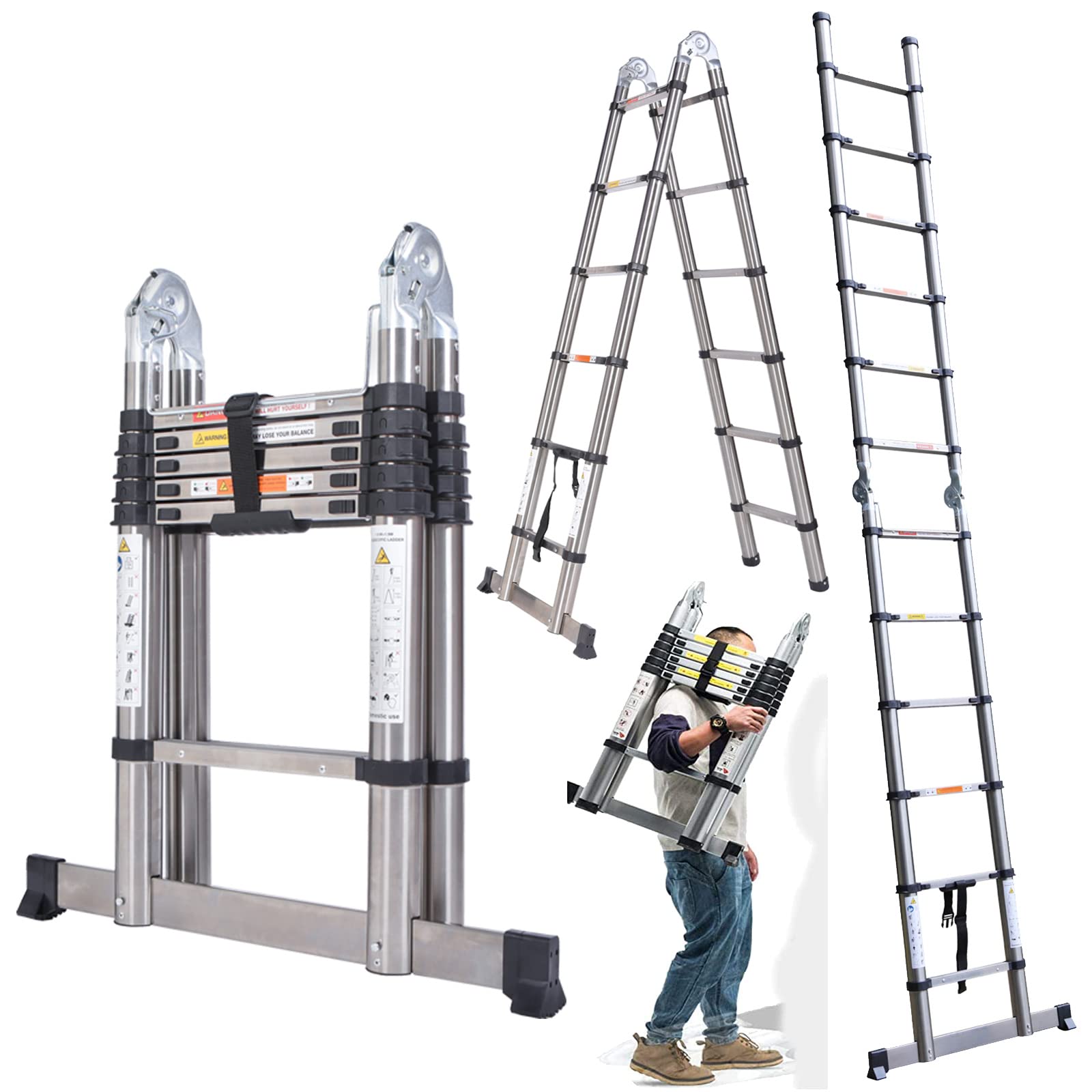 Échelle télescopique 3,8 m avec cadre en A – Extension pliable en acier inoxydable robuste multi-usage pour la maison, le grenier, échelle de grenier, échelle pliable de 1,9 m + 1,9 m, capacité de 150