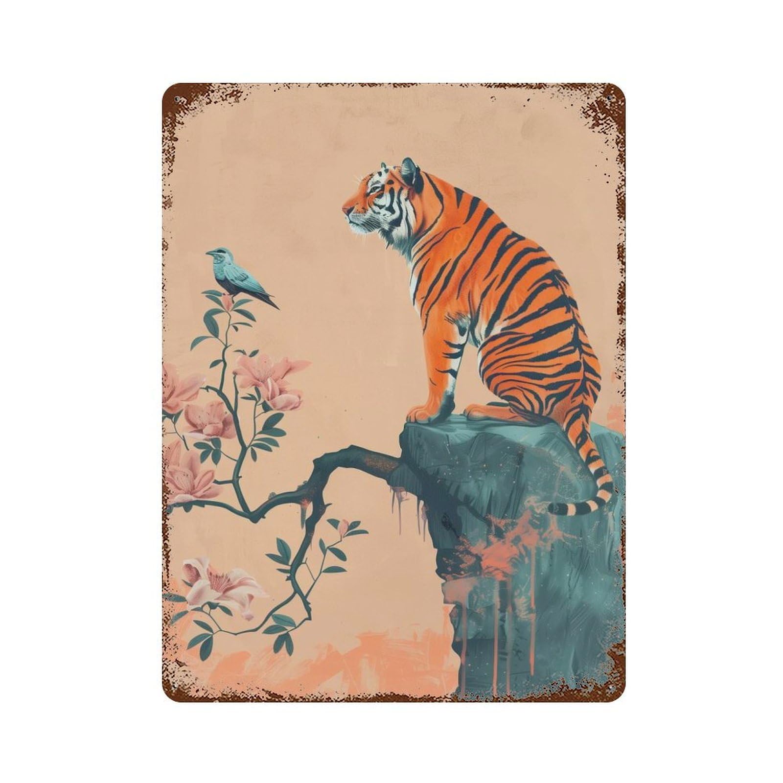 Tiger And Bird on Cliff Vintage Wall Sign 15.7"x11.8", Rust Effect Metal Decor for Farmhouse, Kitchen And Entryway Decor