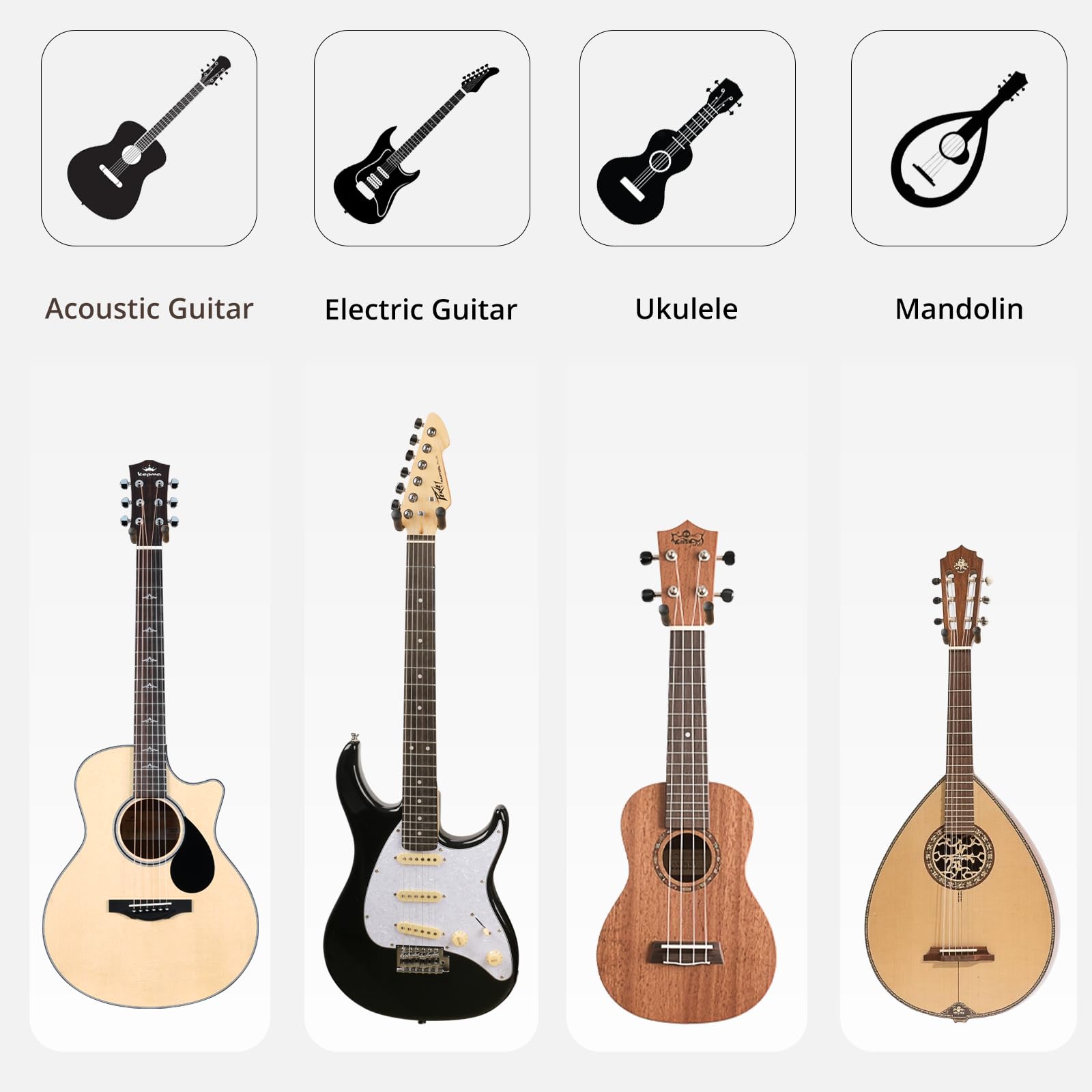 DIDA Support mural pour guitare – Support mural en forme de U pour guitare avec 5 médiators, support mural pour guitare acoustique, guitare électrique, banjo, basse, mandoline (style B-noir)