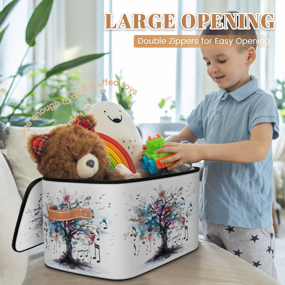 Storage Bin Set of 2 Colorful Music Tree Storage Basket with Zipper Lid & Handle Foldable Closet Shelf 2 Pack Cloth Organizer Basket Cube Bins Clothes Organizer for Nursery, Bedroom