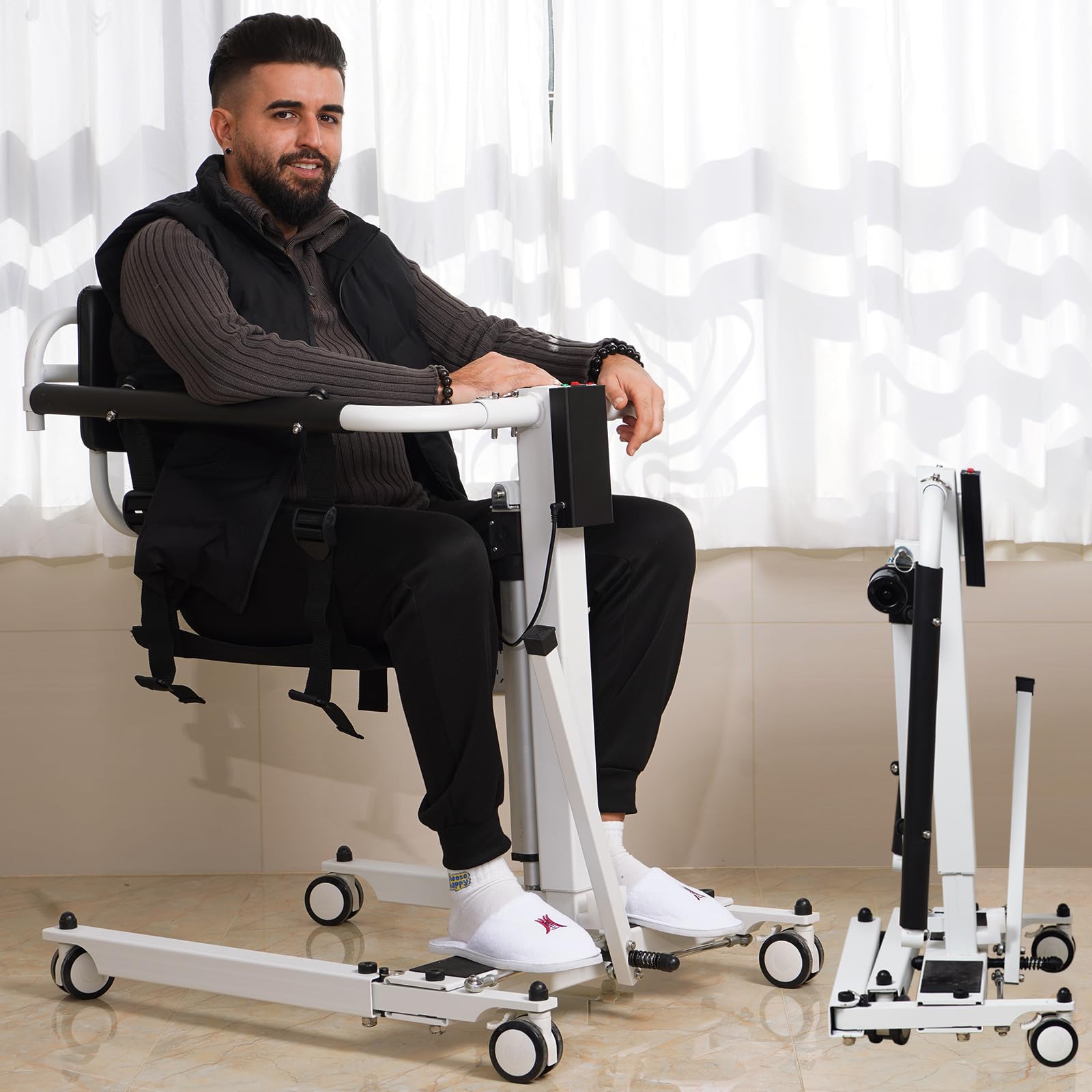 Electric Patient Lift Transfer Chair, Foldable Transfer Lift Chairs for Elderly and Disabled, Lift for Elderly Transfer from Bed to Chair, Height and Width Adjust with Cushion