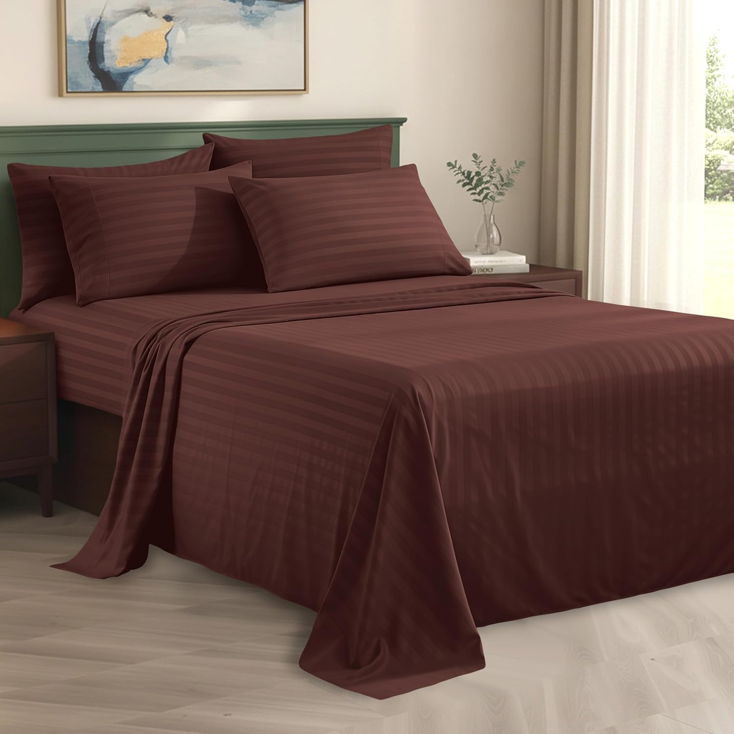 Elegant Comfort Silky-Soft 1500 Premier Hotel Quality Wrinkle-Free 4-Piece Stripe Sheet Set, Queen, Chocolate Brown