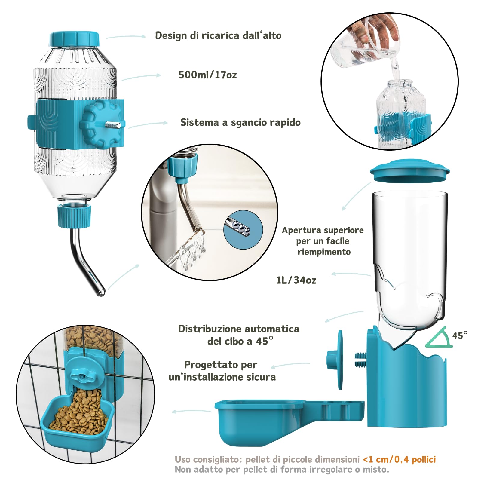 Distributore automatico di cibo e acqua per animali domestici, stazione di alimentazione automatica a gravità per cuccioli, gattini, conigli, porcellini d'India, cincillà, furetti, ricci (Blu)