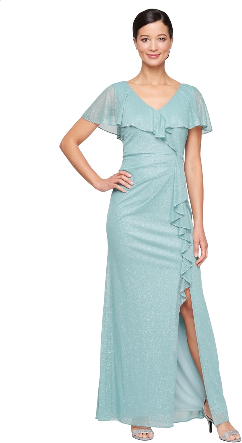 S.L. Fashions Women's Glitter Mesh Stretch Dress W/Shoulder Embellishment Formal Long Gown, (Petite and Regular Sizes)