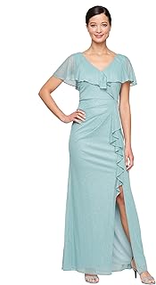 Women's Glitter Mesh Stretch Dress W/Shoulder Embellishment Formal Long Gown, (Petite and Regular Sizes) - Buy now