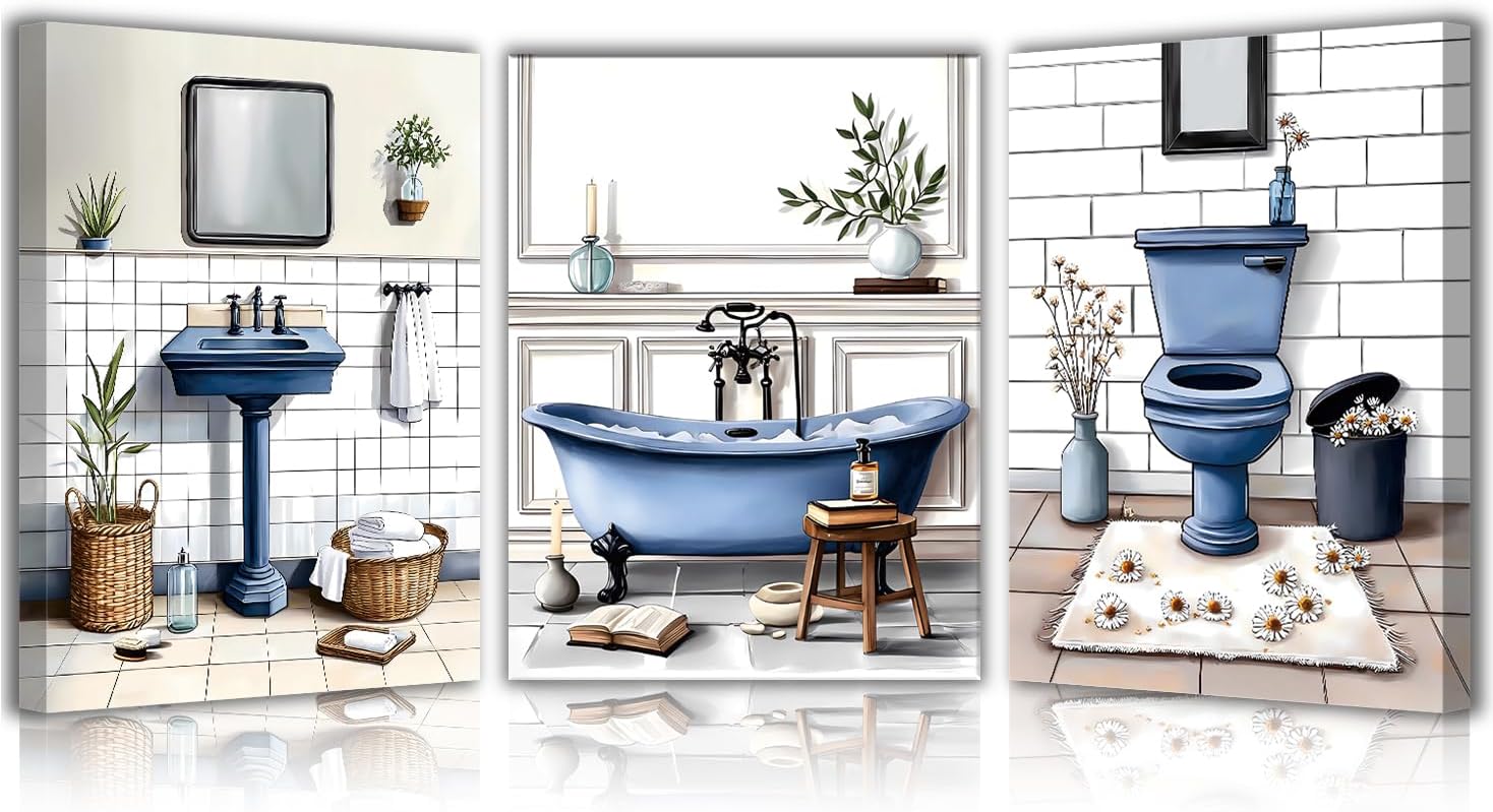 Framed Rustic Blue Bathroom Wall Art Set of 3, 12x16 Inch Blue Farmhouse Bath Tub Painting, Vintage Watercolor Style Floral Print, Ready to Hang Decor for Bathroom, Living Room, Bedroom