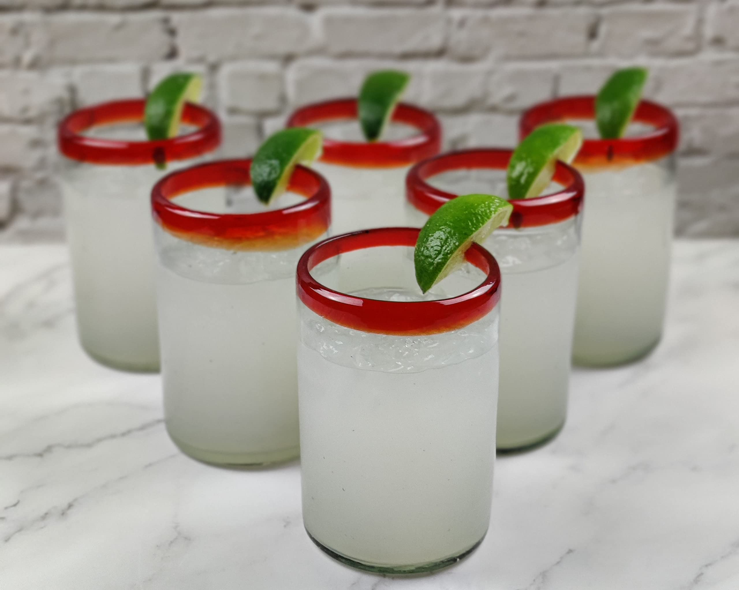 Dos Sueños Vasos mexicanos soplados a mano, juego de 6 vasos con bordes rojos (14 onzas cada uno)