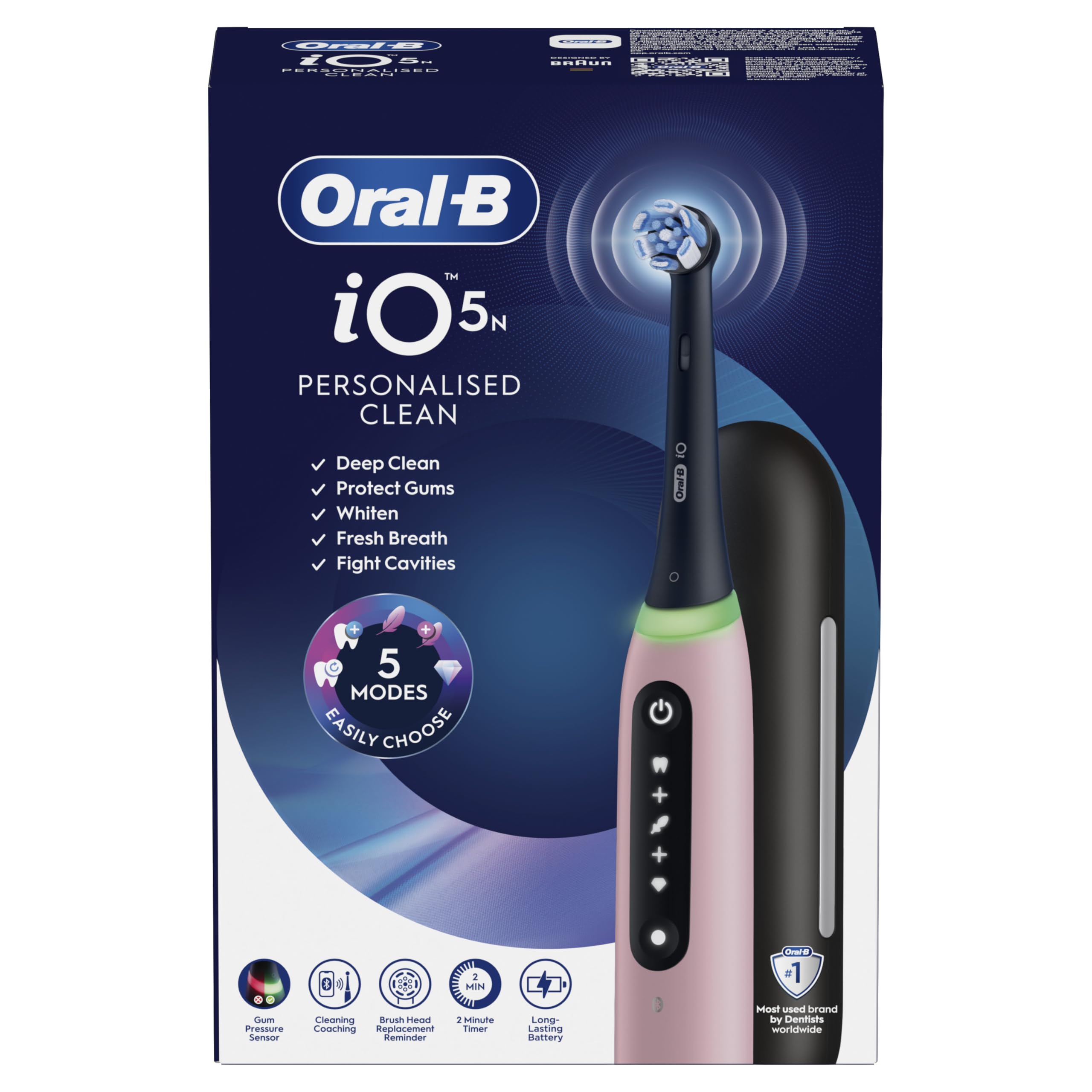 Oral-B iO 5N Cepillo de Dientes Eléctrico con 1 Cabezal Y Estuche de Viaje, Rosa - Cepillo Dental con Mango Recargable, 5 Modos de Cepillado con Blanqueamiento Dental Y Sensor de Presión