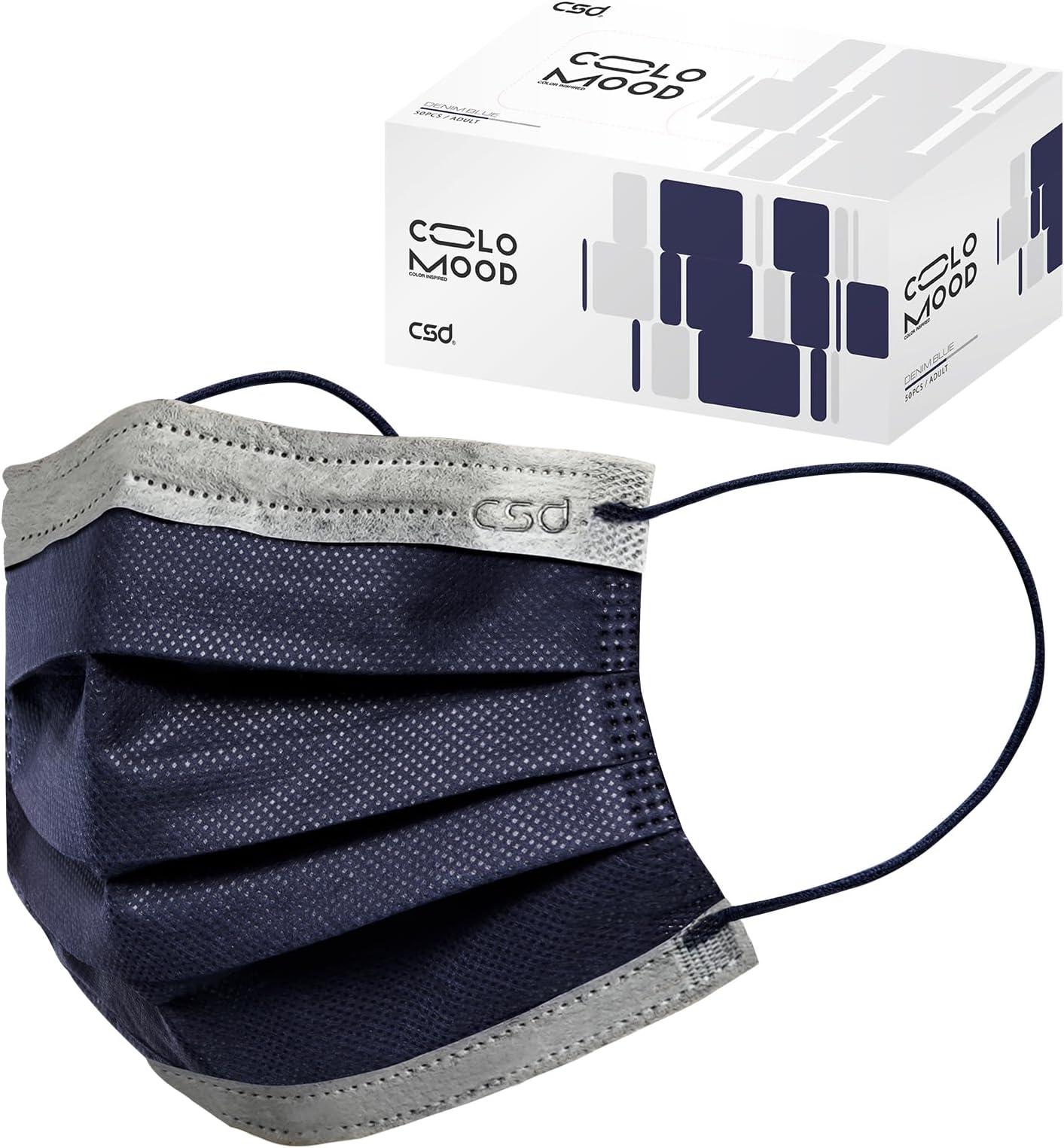 CSD Colo 50 Pcs Navy Blue Disposable Face Masks, 3 Ply Adult Mask with Elastic Ear Loop, Nose Bridge Clip, Breathable Comfortable Mask Great for Indoor, Outdoors Use (Denim Blue)