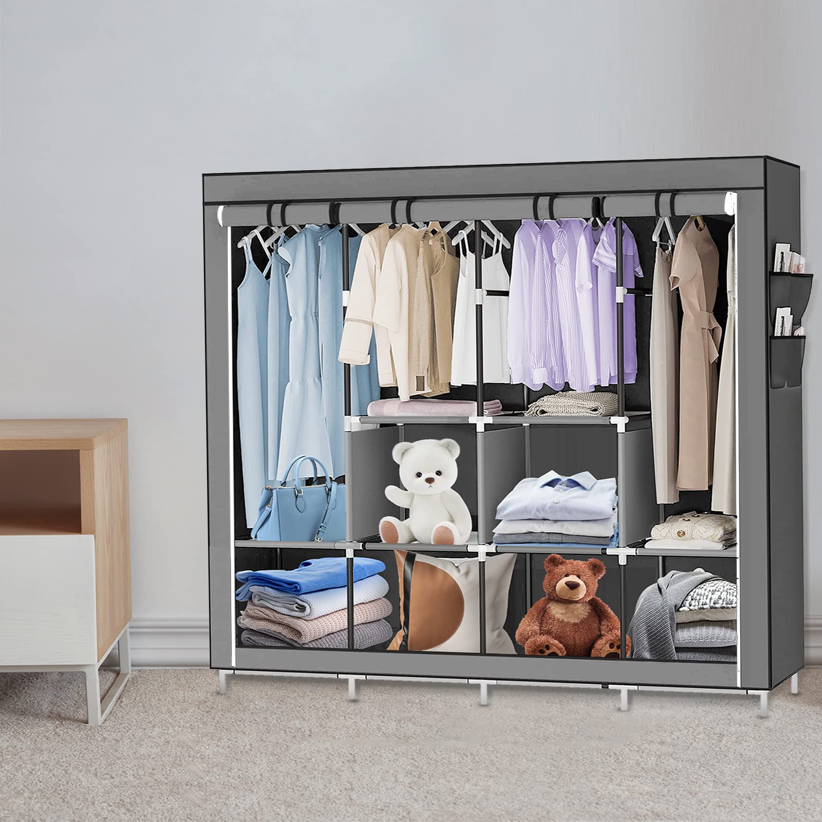 HUOLE Kleiderschrank Einfach aus Stoff Faltschrank Stoffschrank Furniture Bedroom Wardrobes-167 * 45 * 170cm – dunkelgrau