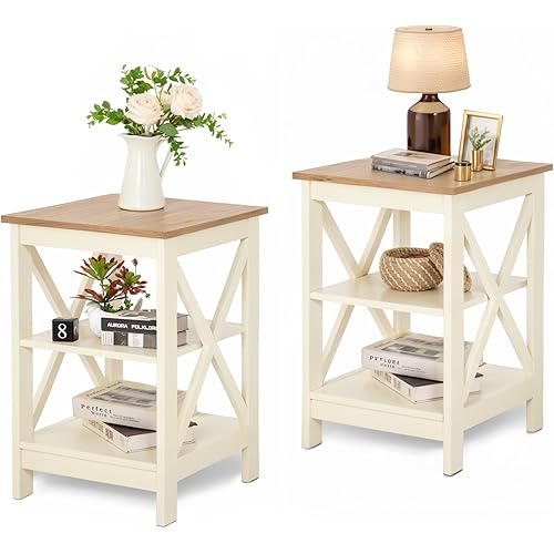MAISON ARTS End Tables, Farmhouse Nightstand Set of 2, Small Side Table Living Room 3-Tier Modern Bed Side Table Nightstands for Bedroom, Sofa End Tables Set, Ivory White