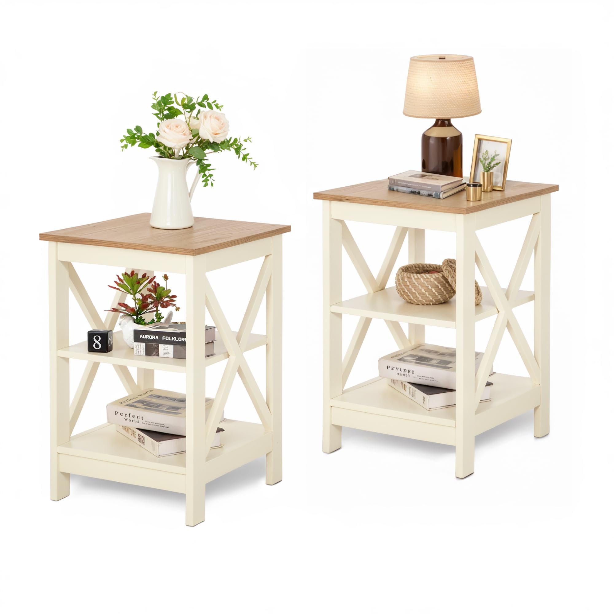 MAISON ARTS End Tables Farmhouse Nightstand Set of 2 Small Side Table Living Room 3-Tier Modern Bed Side