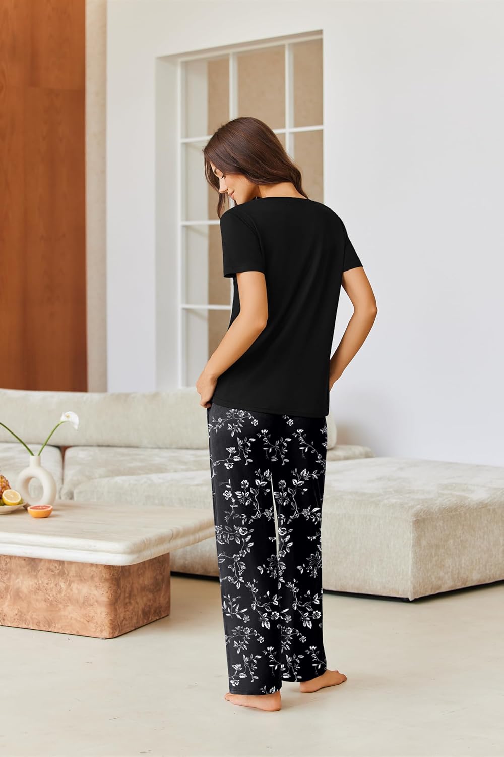 Ekouaer Pajama Sets for Women Short Sleeve Pj Set V Neck Sleepwear Chest Pocket with Long Pants Casual Loose Loungewear - Image 5