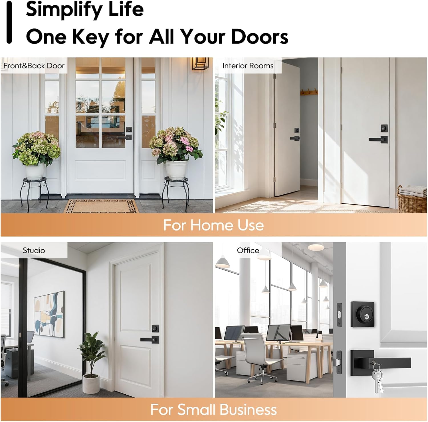 Keyed Alike Exterior Door Lock Set 2 Pack(Same Keys), Exterior Door Handle with Single Cylinder Deadbolt, Front Door Lock Set, Entry Door Lock Set, Zinc Alloy Outdoor Door Handles, Matte Black