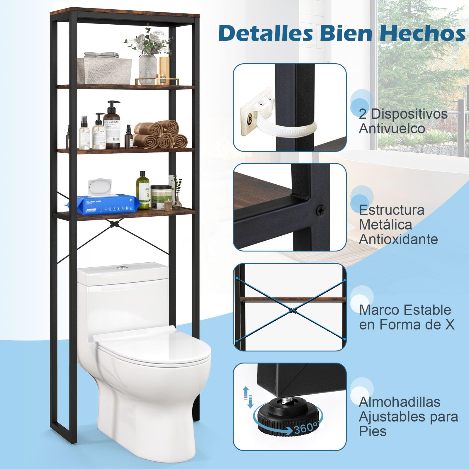 GIANTEX Estantería sobre el Inodoro con 4 Estantes Abiertos, 60 x 24 x 177 cm, Estantería de Almacenamiento Alto para Ahorrar Espacio, Mueble Organizador para Baño, Lavandero