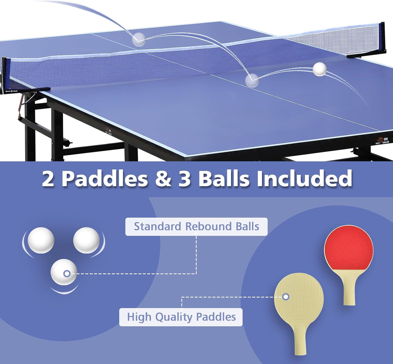 Blue Folding Rolling 9×5 FT Table Tennis Table Indoor and Outdoor Table Tennis Table, 2 Rackets, 3 Balls, 1 Net and 8 Wheels Set Behind It for Easy Movement