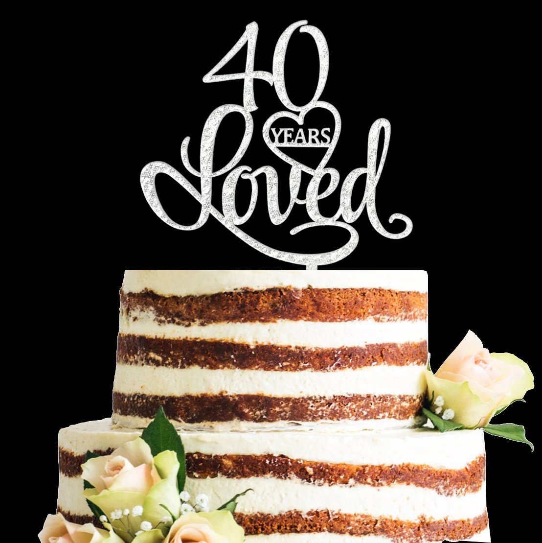 ZMTC Glitter Silver Acrylic 40 Years Loved Cake Topper, 40th Birthday Anniversary Party Decorations (40, Silver)
