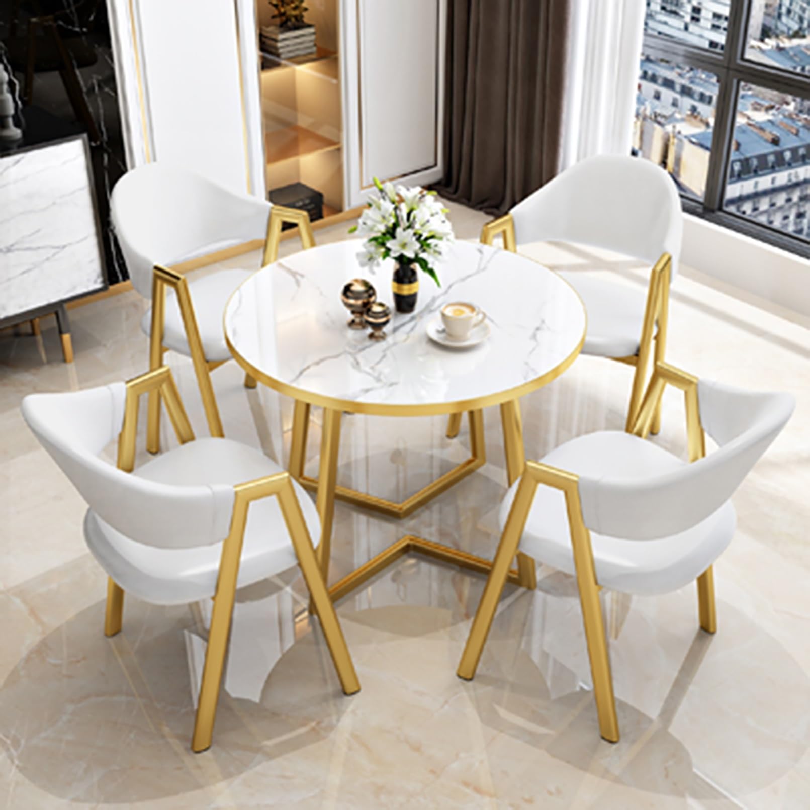 Set da Pranzo da 5 Pezzi - Tavolo Rotondo da 80 cm e 4 sedie Imbottite in PU, mobili salvaspazio per Cucina e Ufficio, Eleganti mobili da Pranzo Bianchi