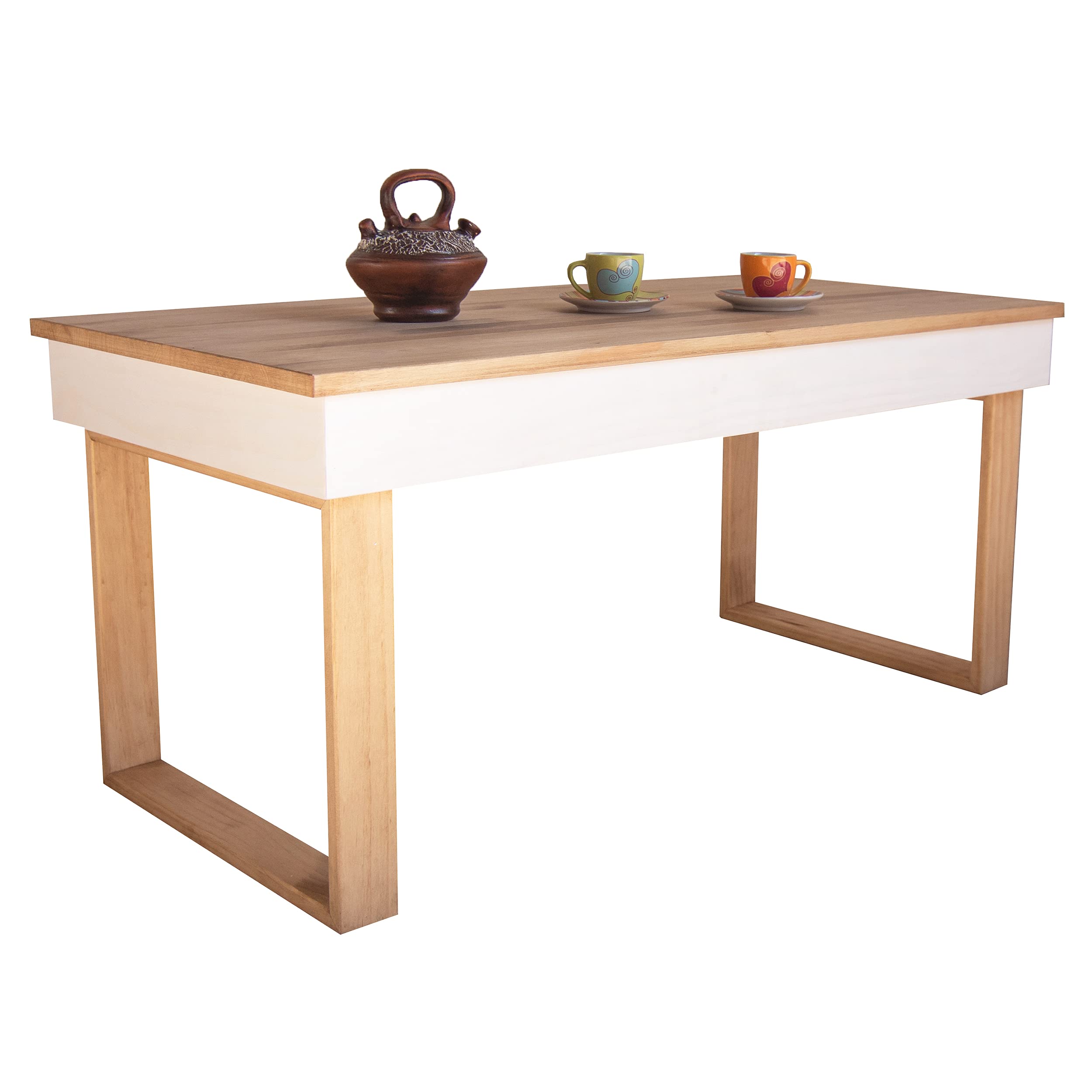 LoMasCasa - Mesa de Centro Modelo Ebro Elevable de Madera Maciza de Pino Natural con Patas de Madera - Color Blanco y Madera -Estilo Nórdico - Medidas 100x50x48 cm