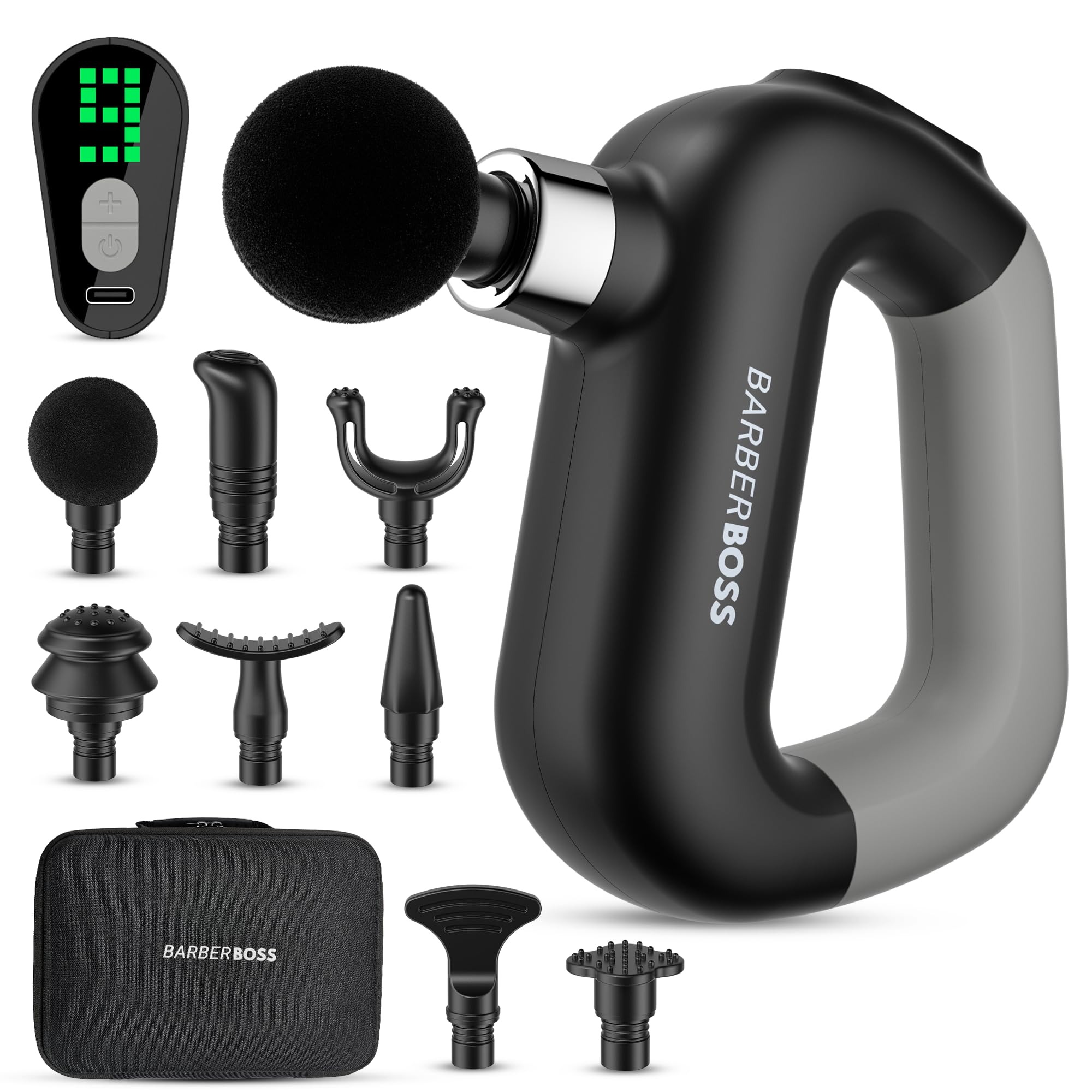BarberBoss Pistola per massaggi Small, Massaggiatore Muscolare, QR-3641 | 9 livelli di intensità, 8 testine intercambiabili, Portatile con custodia, Massaggiatore muscolare
