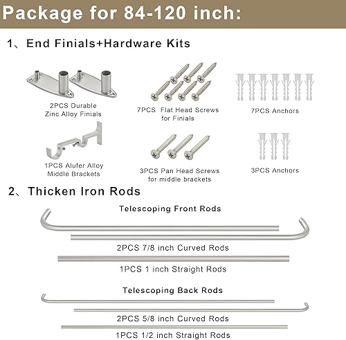 Miniatura 6 de Barra de cortina doble para ventanas de 84 a 120 pulgadas, cortineros opacos para ventana, 1 pulgada, resistentes y ajustables, para oscurecer la