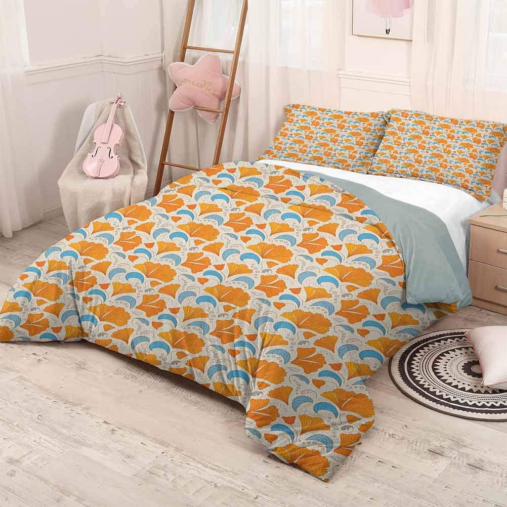 prunushome Leaves Modern Duvet Cover SetModern Floral Elements with Artistic Design Romantic Blossoms Petals Lightweight Orange Blue and Beige 90x90in/20x30inx2