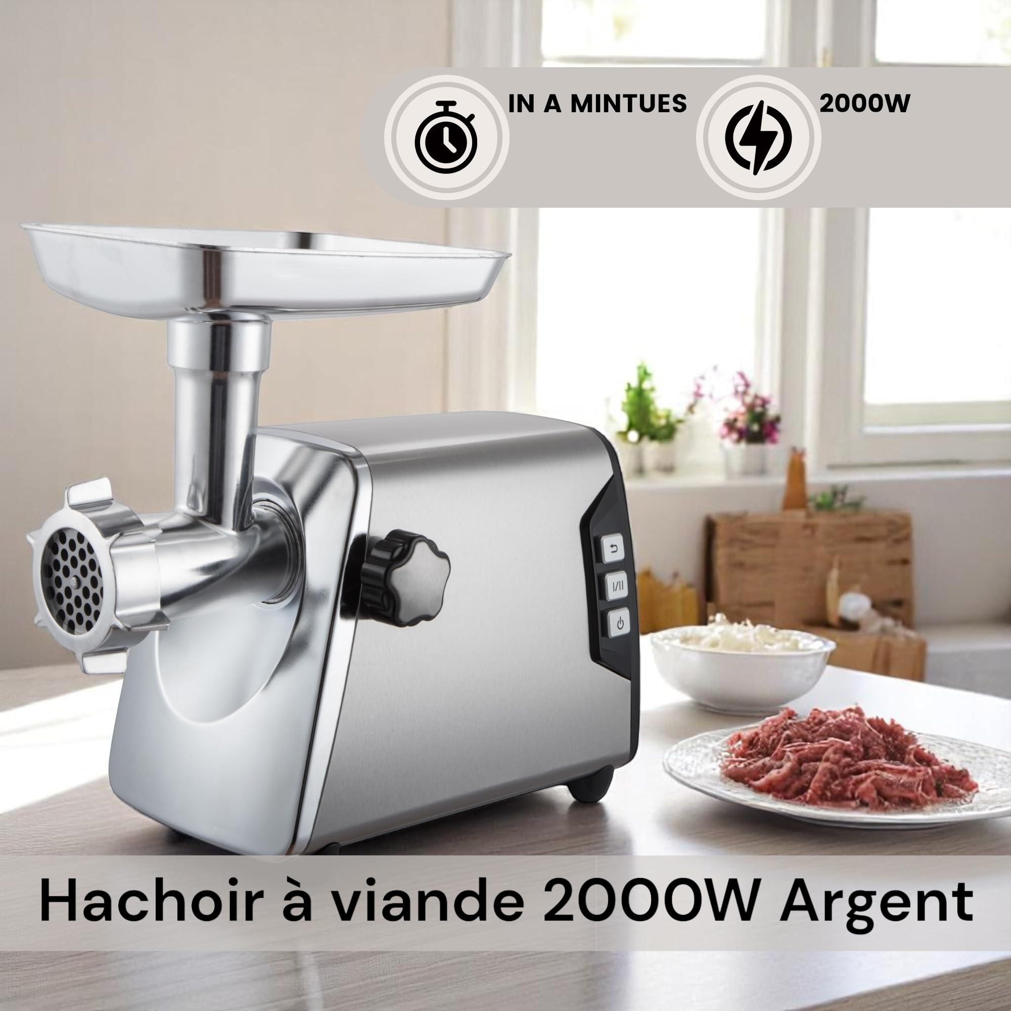 Royal Swiss - Picadora de carne eléctrica (2000 W, acero inoxidable, función inversa, compacta y potente, accesorios incluidos, picadora multifunción para carne, salchicha, salsa y relleno para el