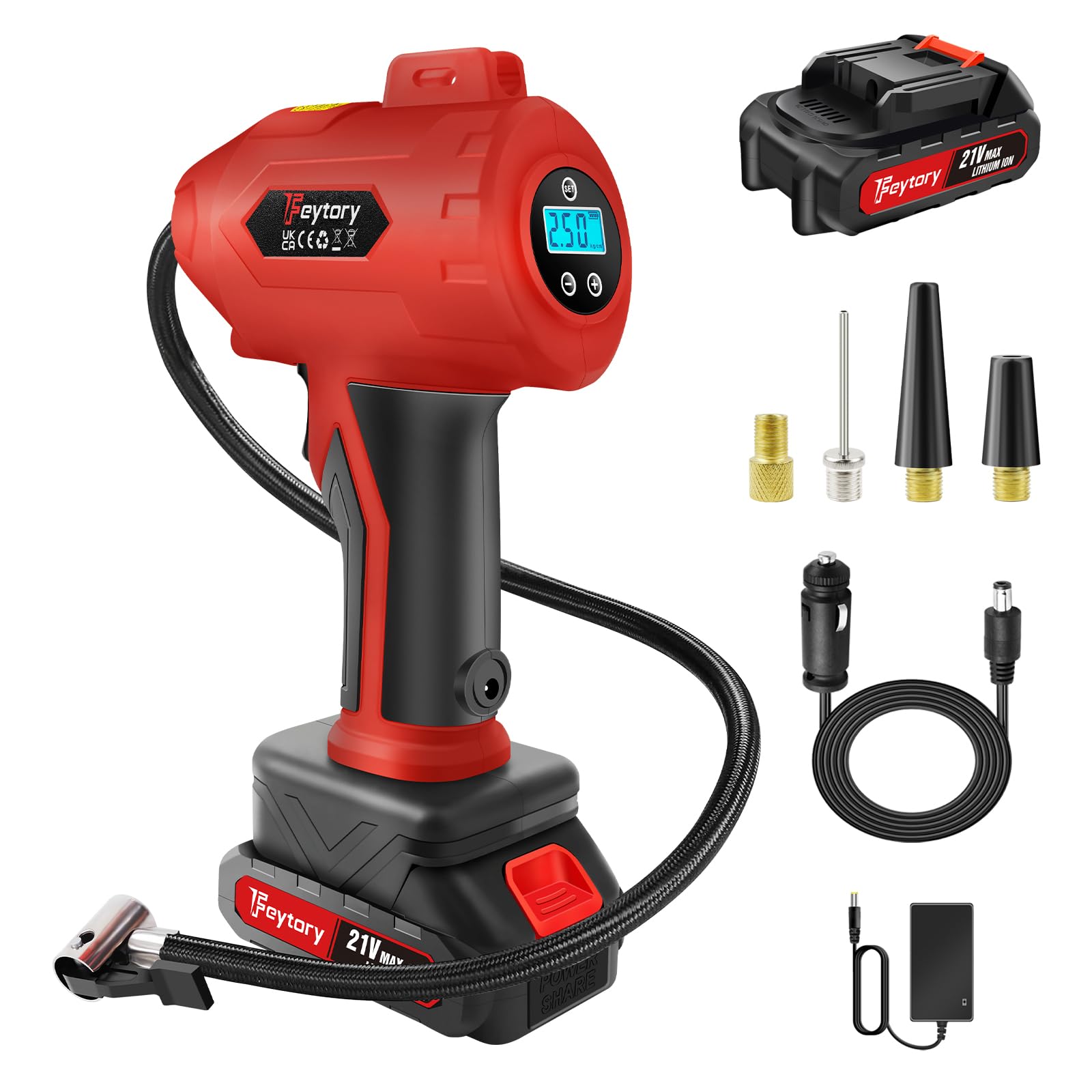 Tyre Inflator Cordless Air Compressor, 21V Rechargeable Battery Powered 180PSI Portable Handheld Car Tyre Pump with 12V Power Adapter Digital Pressure Gauge for Cars Motorcycles, Red