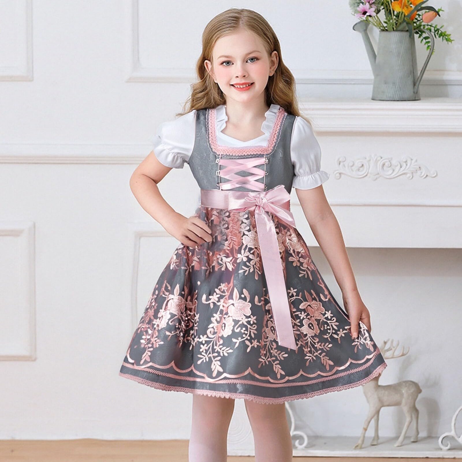 Dirndl Mädchen Kinder Midi Trachtenkleid 3-TLG Kinderdirndl Dirndlbluse Schürze für Oktoberfest Kirchweih Hochzeit Sonntagausflug Kostüm Kinder Bayerisches Bierfest Trachten Dirndlkleid